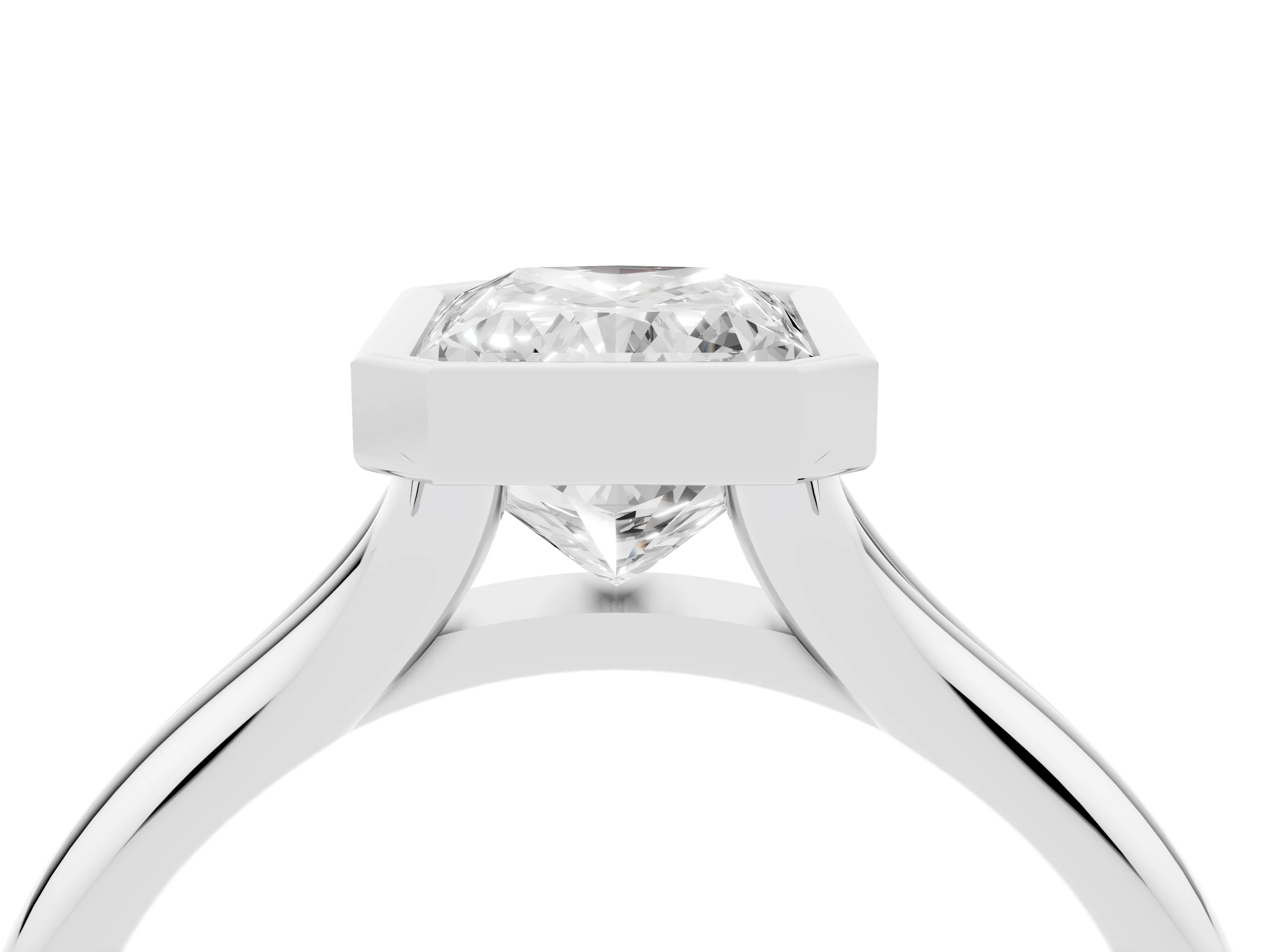 Bezel Set Radiant Cut Diamond Solitaire Ring Set in Platinum with Smooth Band