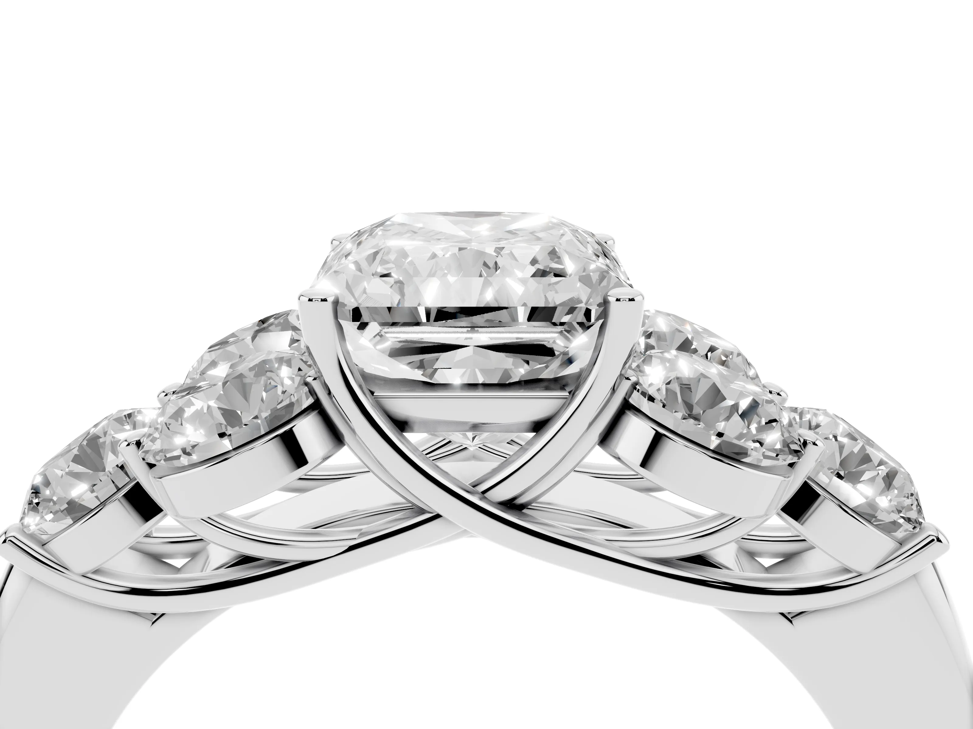 Radiant Cut Diamond Cluster Ring Set in Silver with Round Accent Stones and Prong Setting on a Plain Band