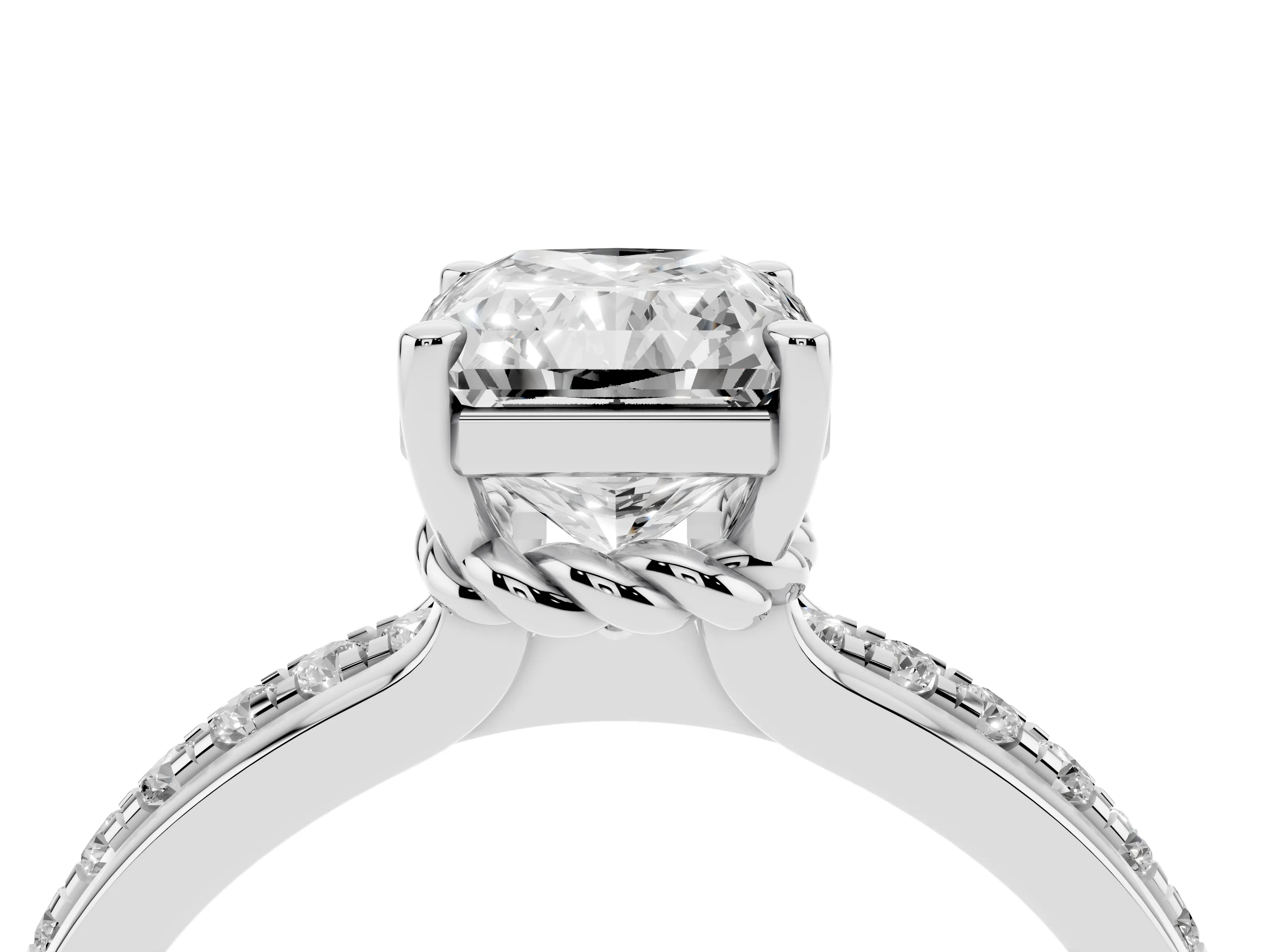 Radiant Cut Diamond Solitaire Ring Set in White gold with Channel Set Band and Prong Setting