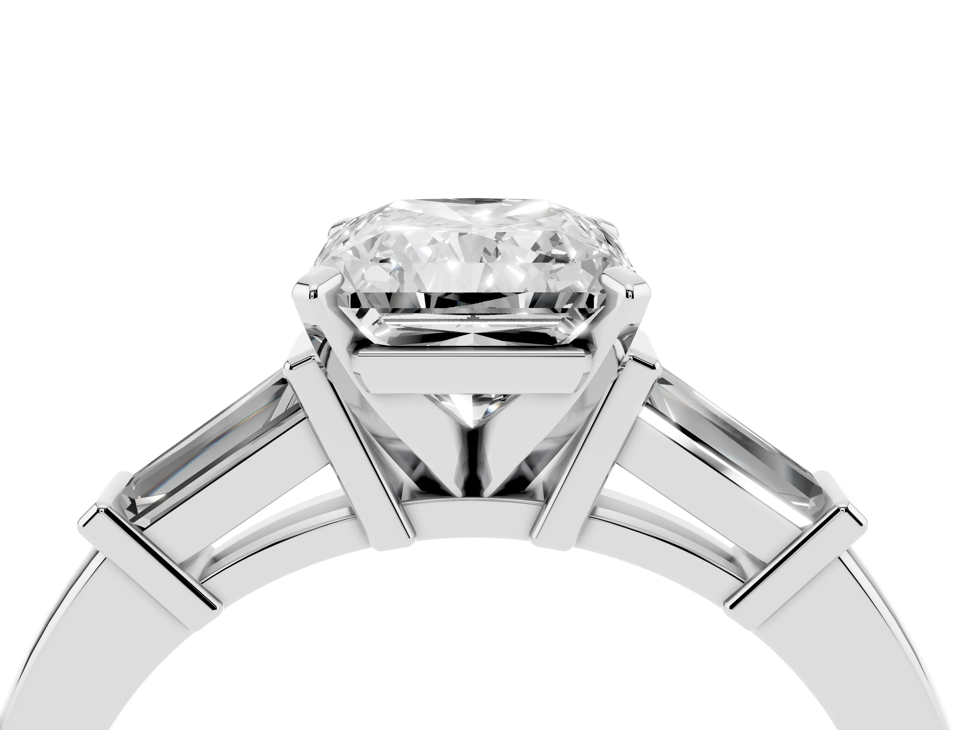 Radiant Cut Diamond Solitaire Ring Set in Platinum with Tapered Baguette Accents and Prong Setting