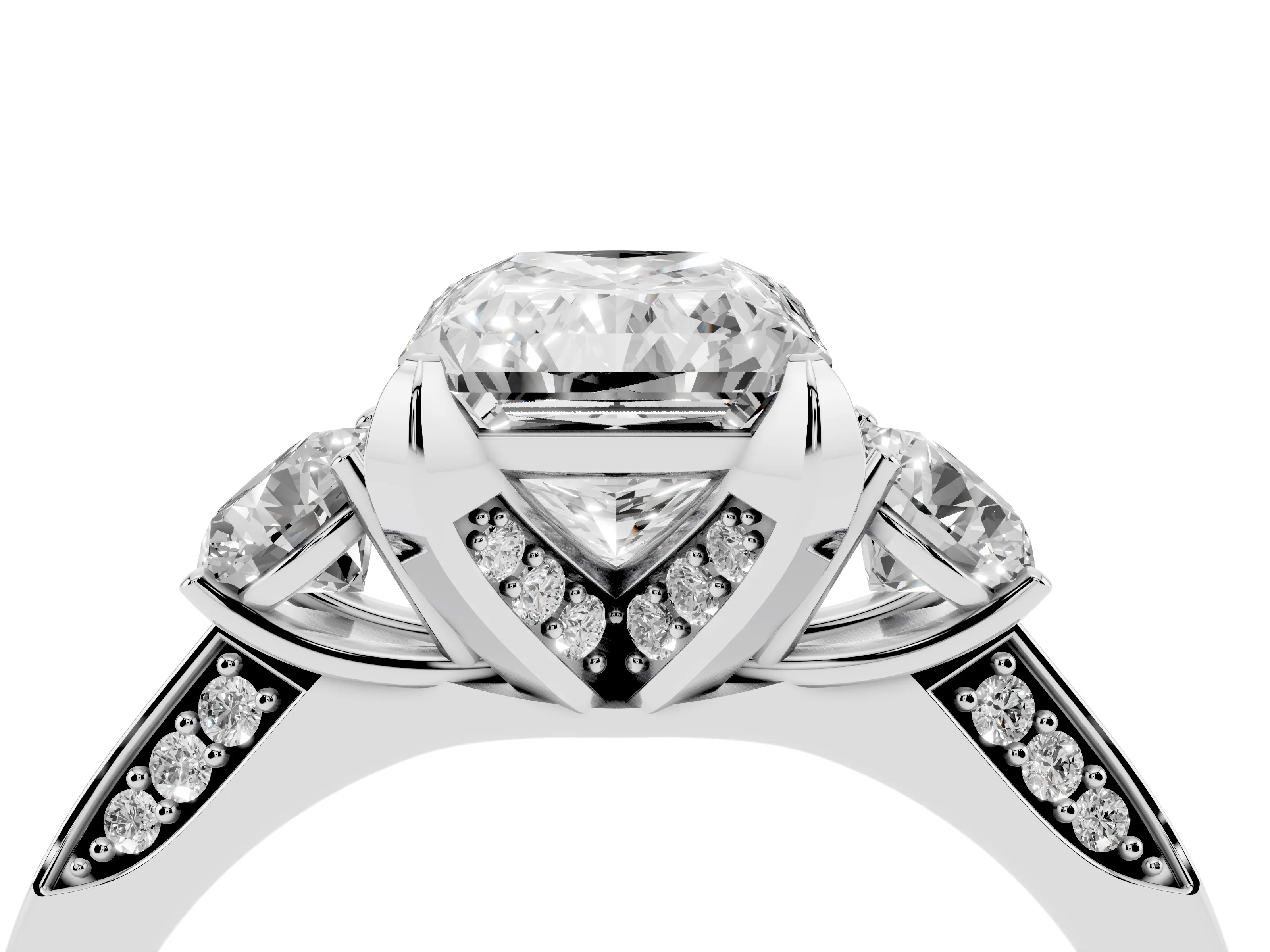 Radiant Cut Diamond Three-Stone Ring Set in Platinum with Pavé Band and Smaller Side Stones