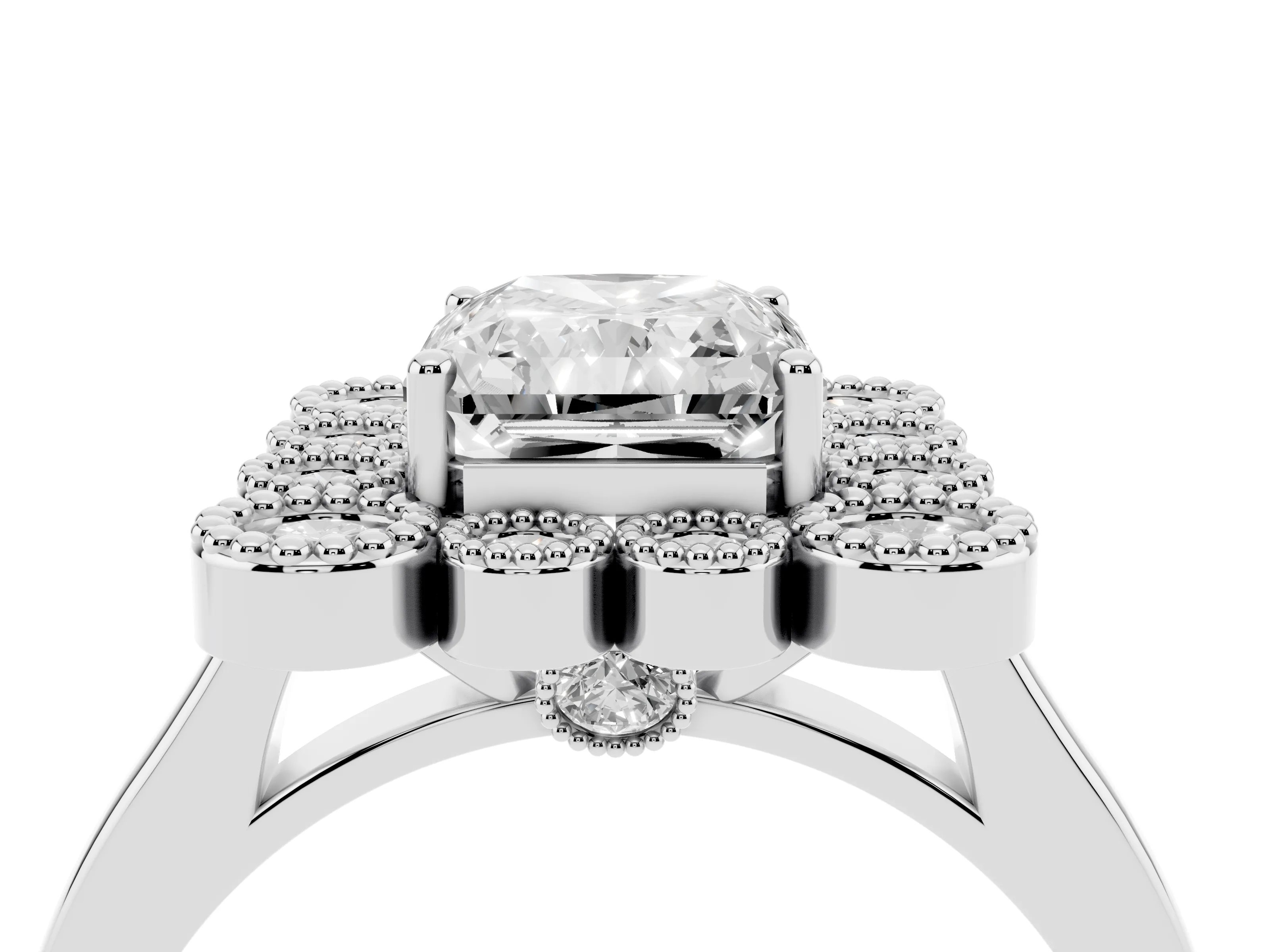 Radiant Cut Diamond Cluster Halo Ring Set in White gold with Milgrain Bezel Accents and Plain Band