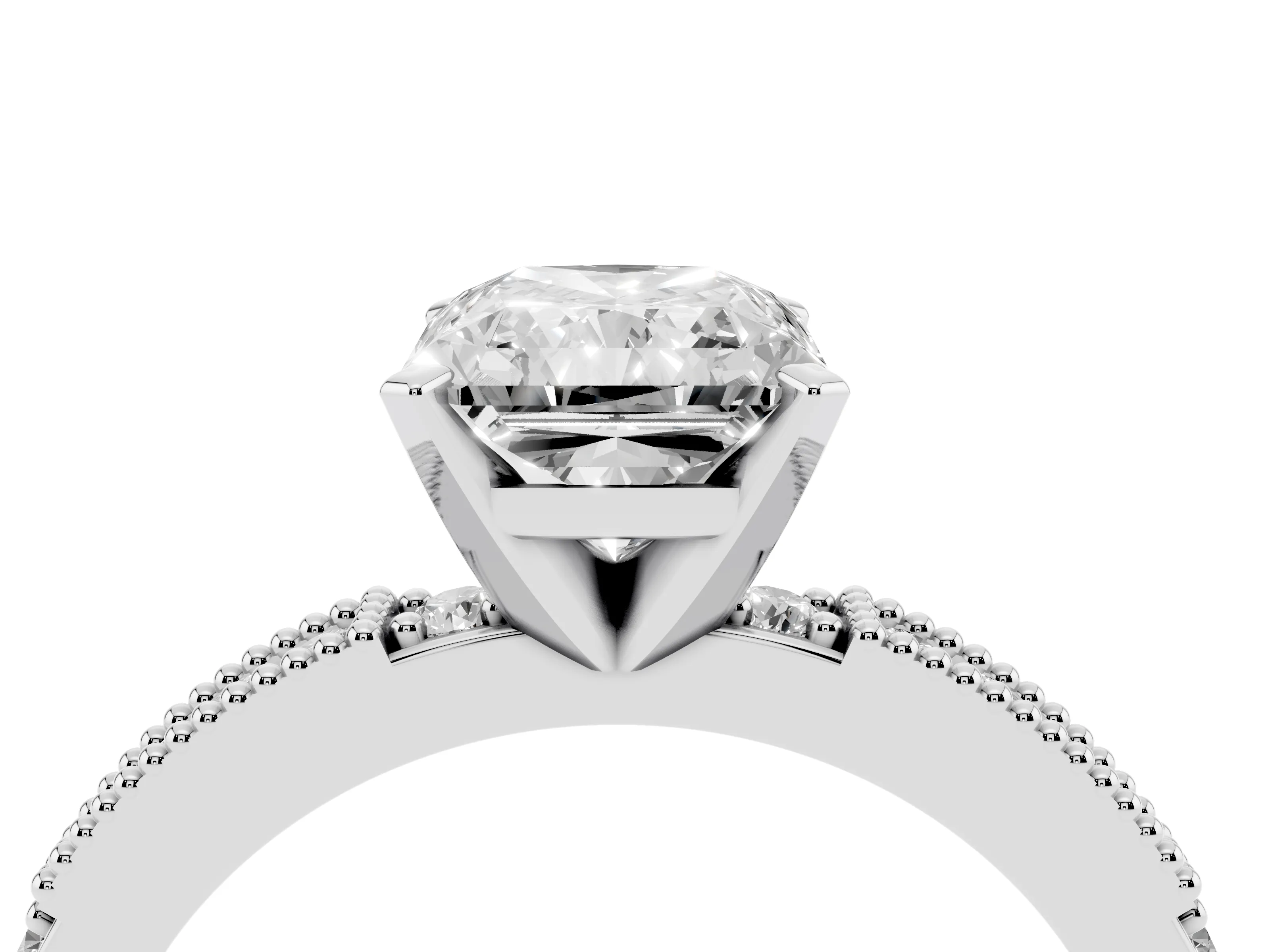 Radiant Cut Diamond Solitaire Ring Set in White gold with Slim Pavé Band and Prong Setting