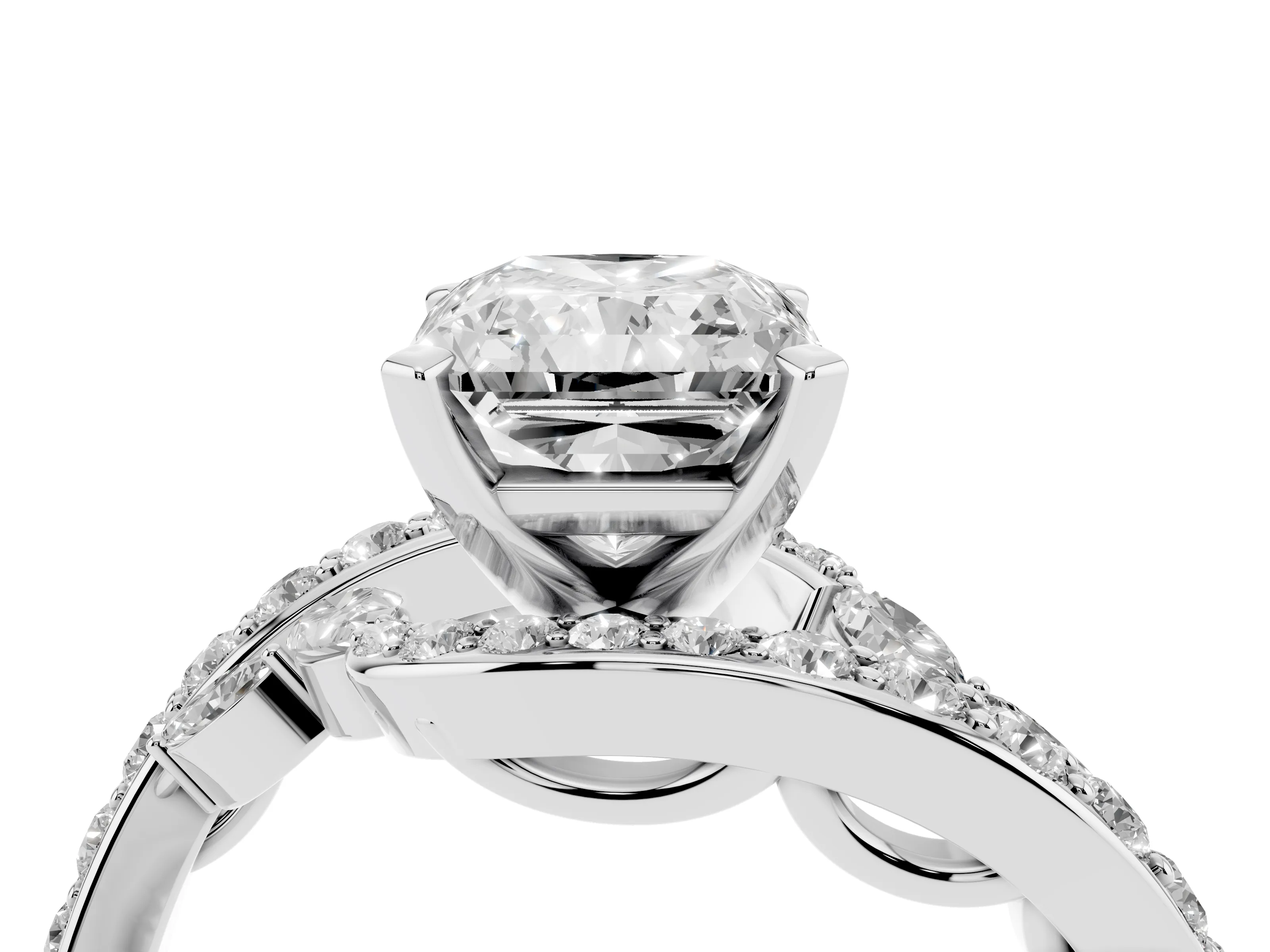 Radiant Cut Diamond Solitaire Ring Set in White gold with Pavé Twist Band and Secure Prong Setting