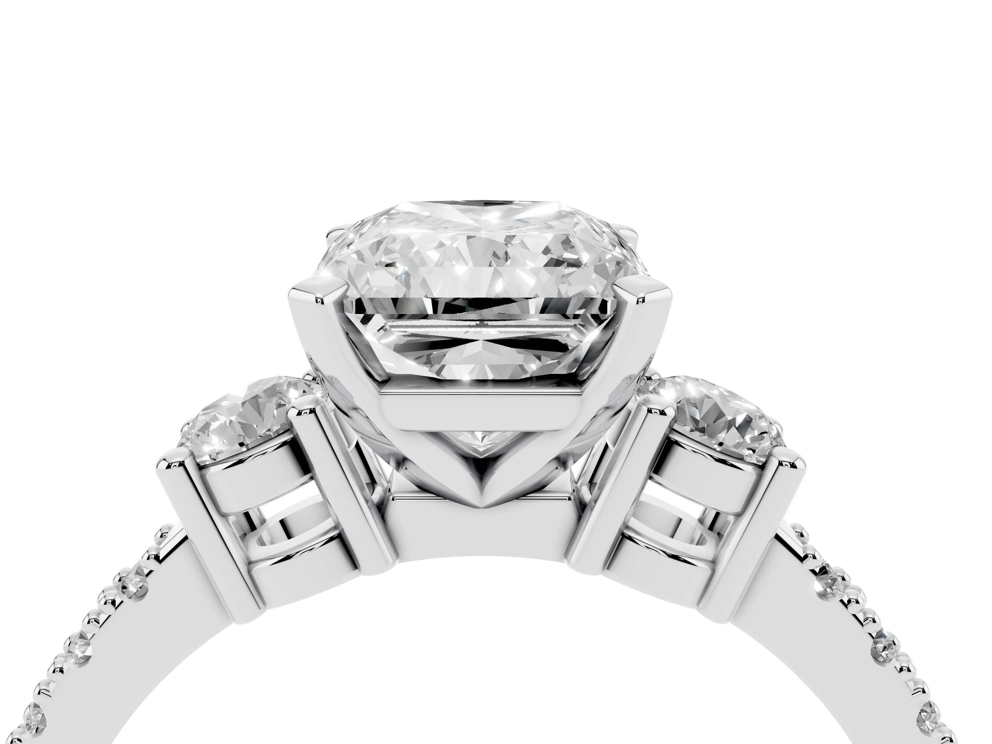 Three-Stone Radiant Cut Diamond Pavé Band Ring Set in Platinum with Prong Setting
