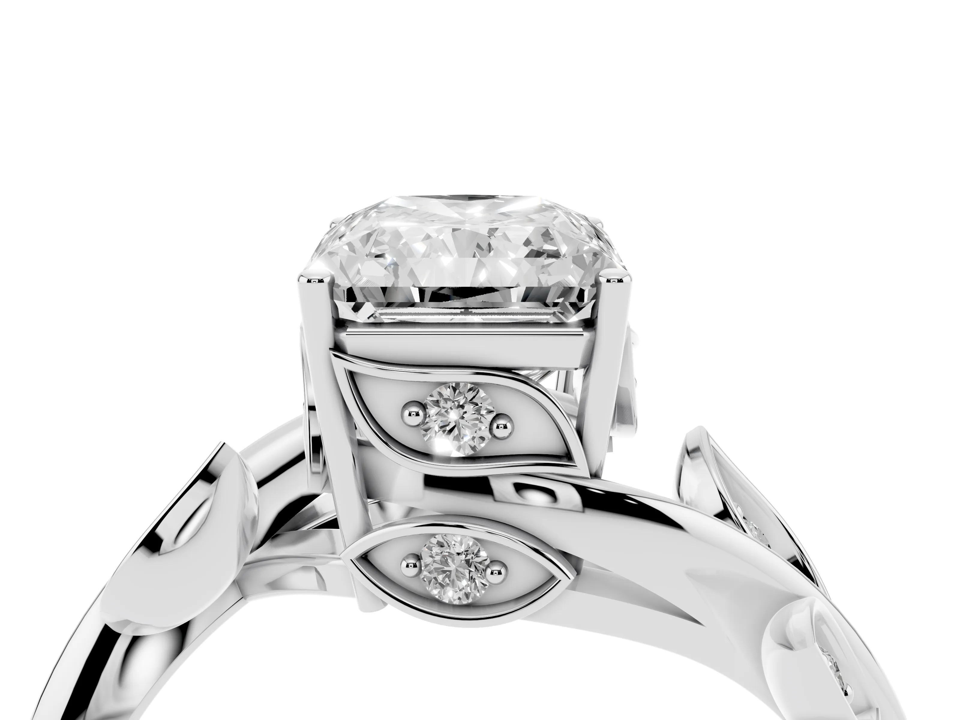 Radiant Cut Diamond Solitaire Twist Engagement Ring Set in White gold with Pavé Leaf Accents