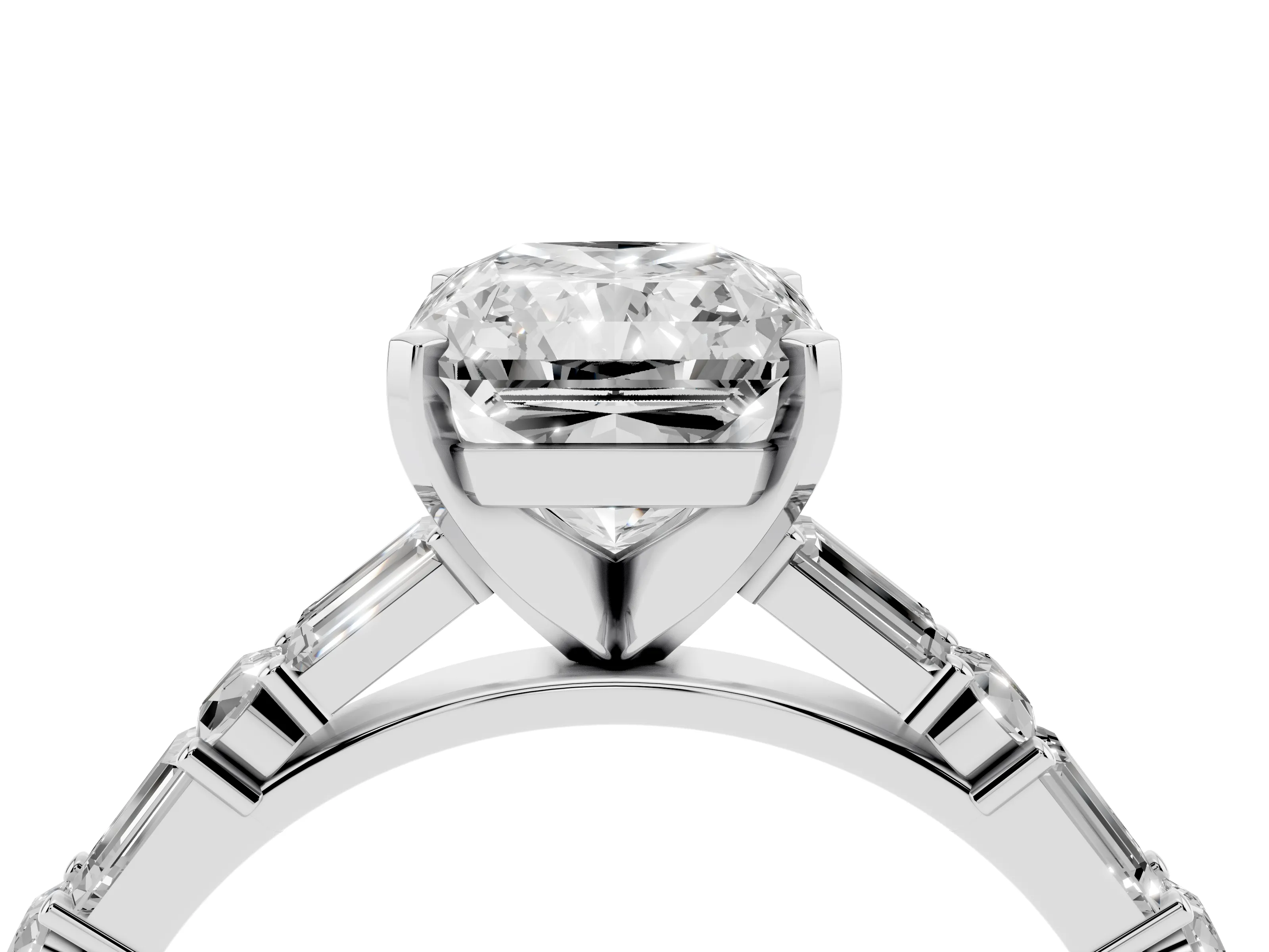 Radiant Cut Diamond Solitaire Set in White gold with Side Baguettes and Channel Set Band