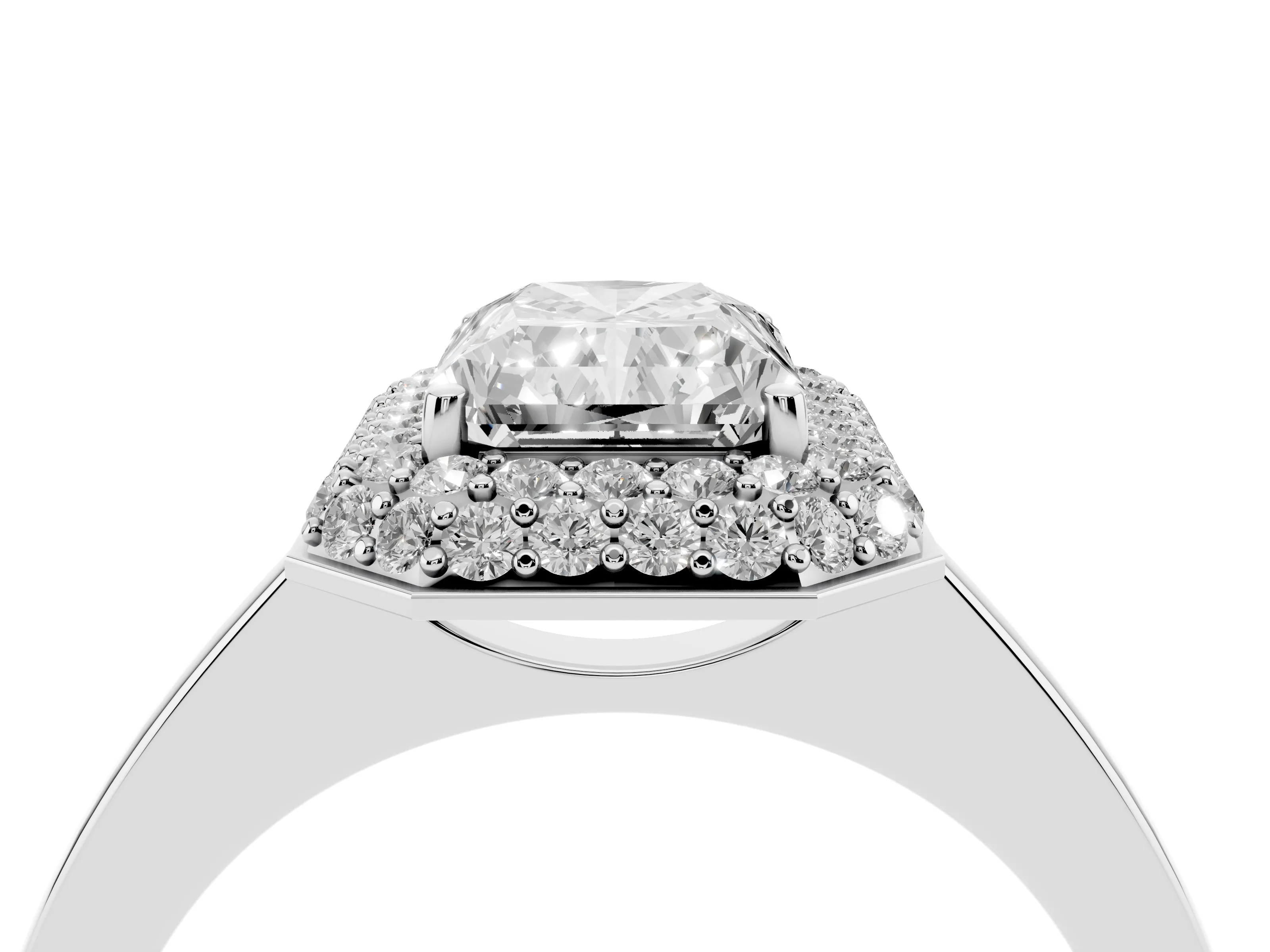 Radiant Cut Diamond Halo Engagement Ring Set in Platinum with Solitaire Band and Prong Setting