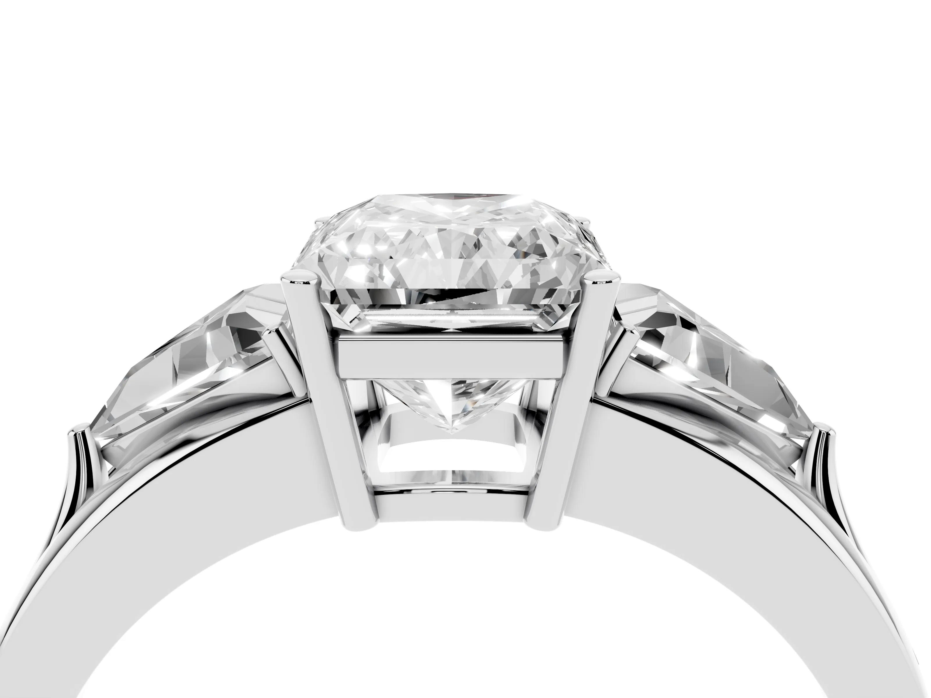 Radiant Cut Diamond Three-Stone Ring Set in Platinum with Trillion Side Stones and Split Shank