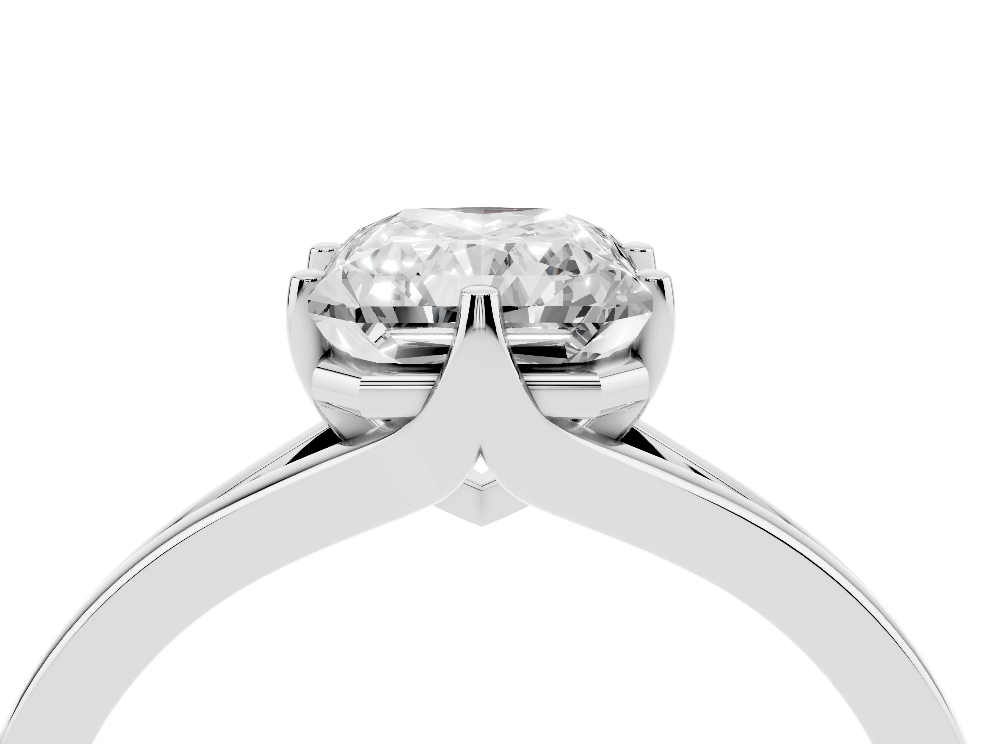 Radiant Cut Diamond Solitaire Ring Set in White gold with Polished Tapered Band and Prong Setting