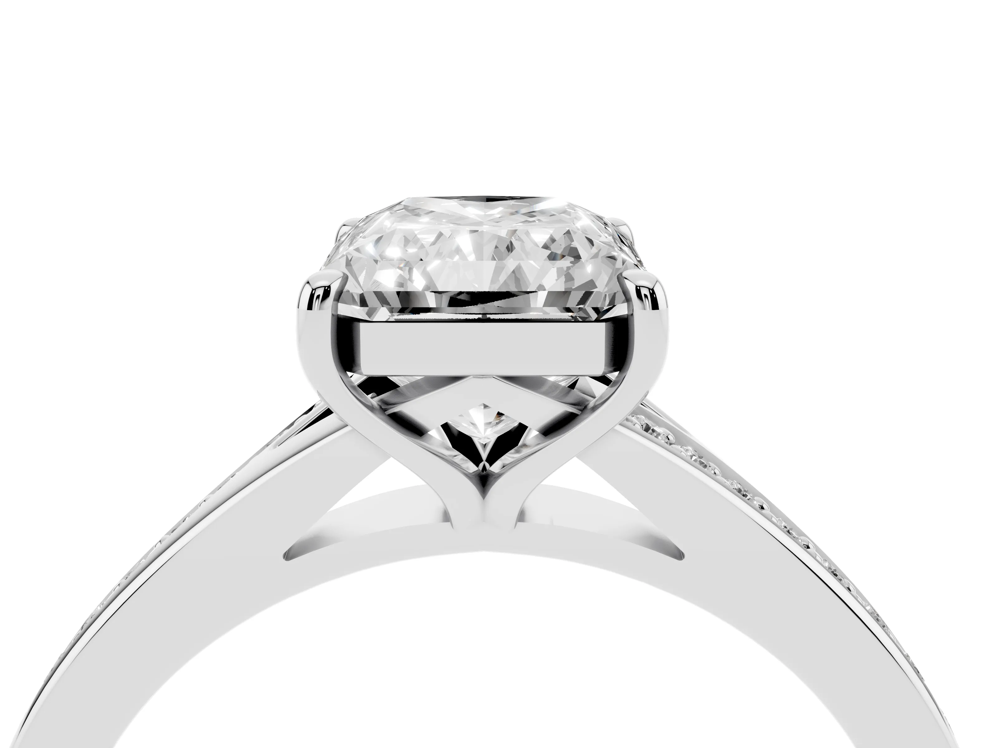 Radiant Cut Diamond Solitaire Ring Set in White gold with Pavé Accent Band and Classic Prong Setting