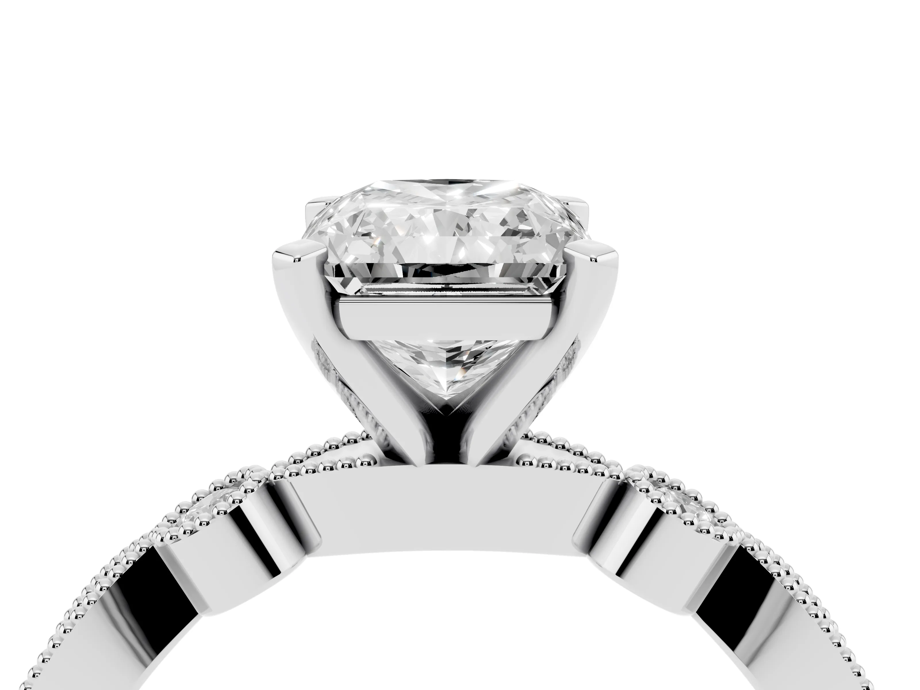 Radiant Cut Diamond Solitaire Engagement Ring Set in Silver with Milgrain Bezel Accent Band