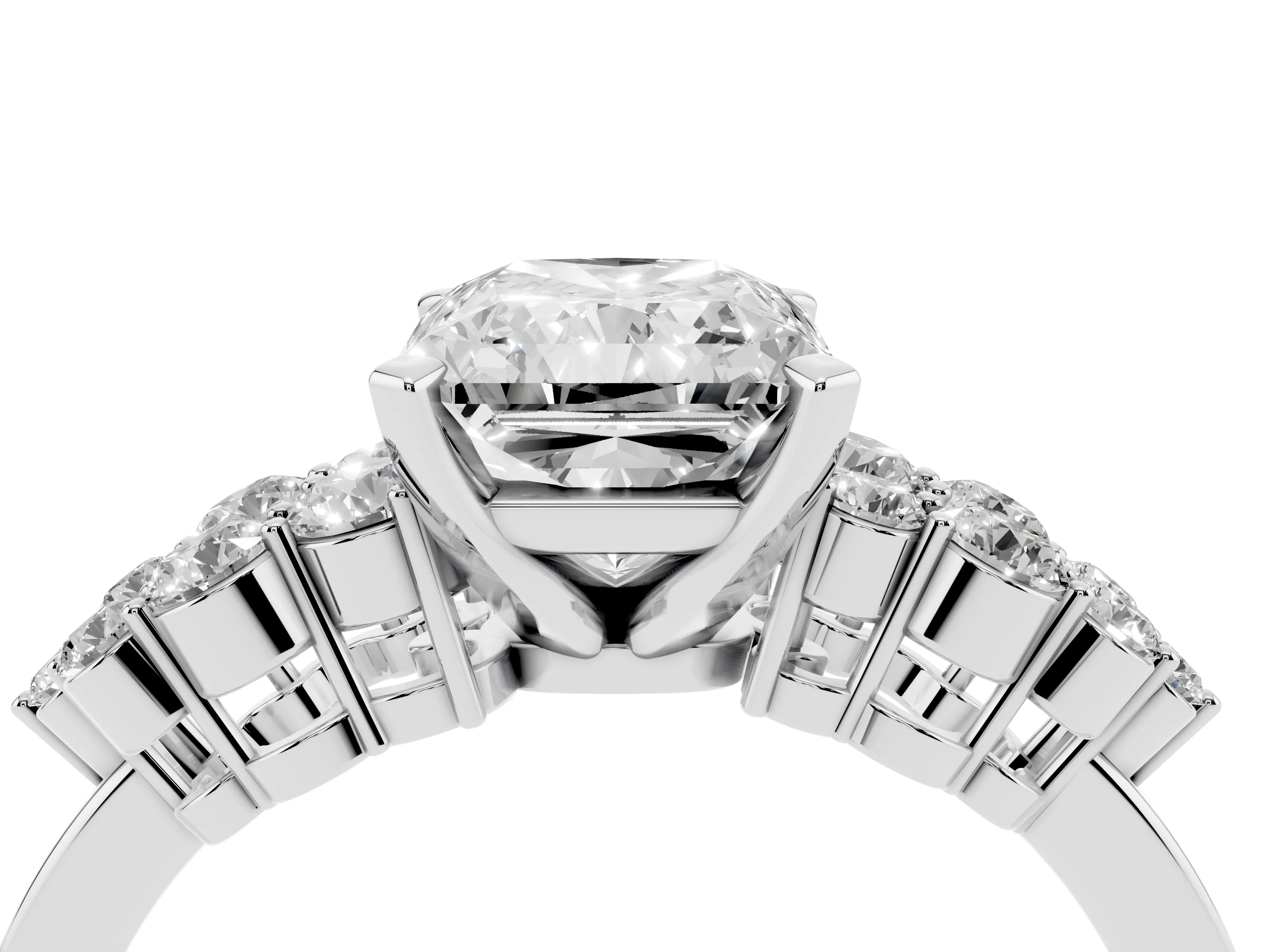 Radiant Cut Diamond Cluster Engagement Ring Set in Silver with Pavé Band and Prong Setting