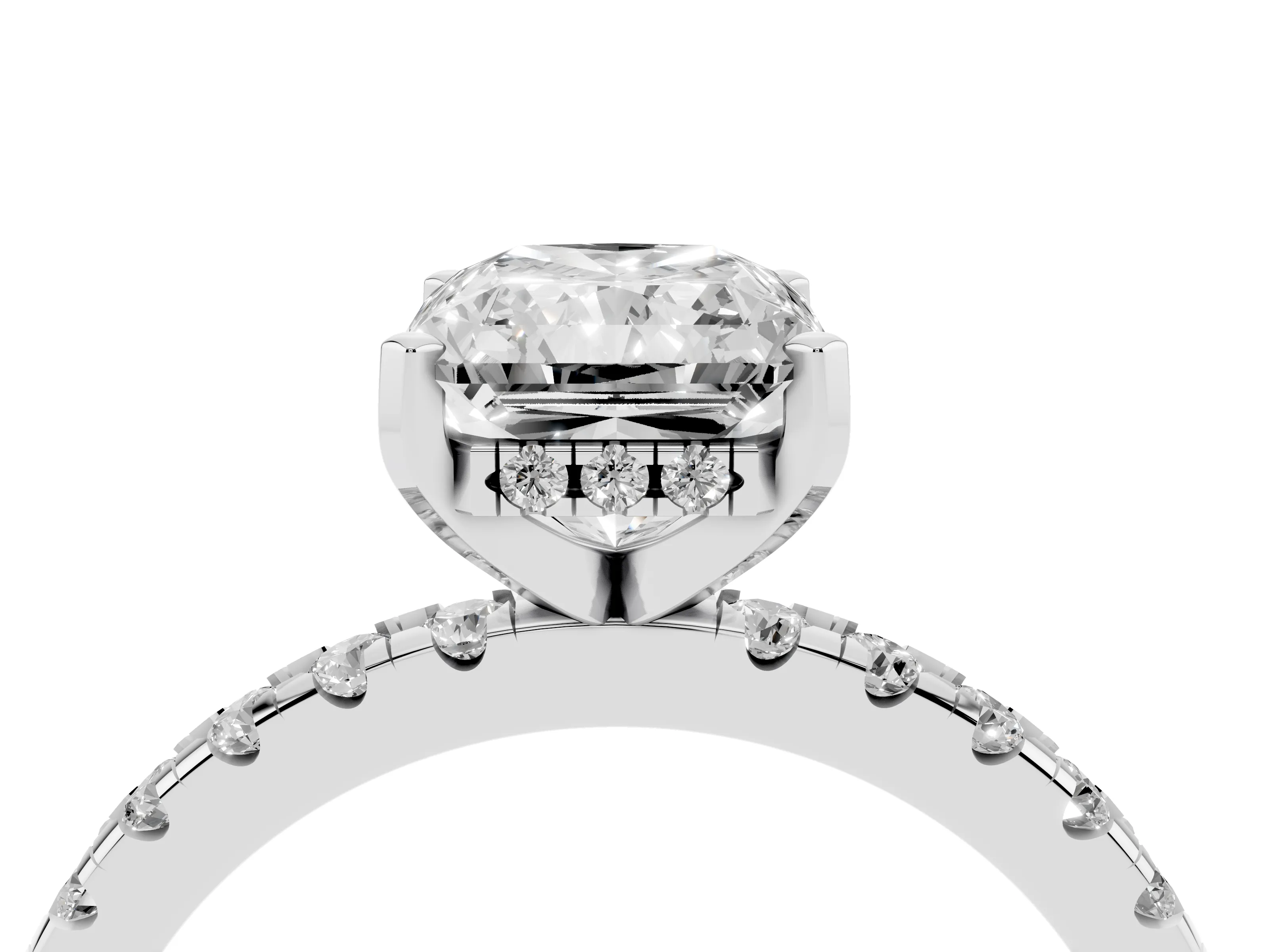 Radiant Cut Diamond Pavé Solitaire Ring Set in Platinum with Round Band Accents and Prong Setting