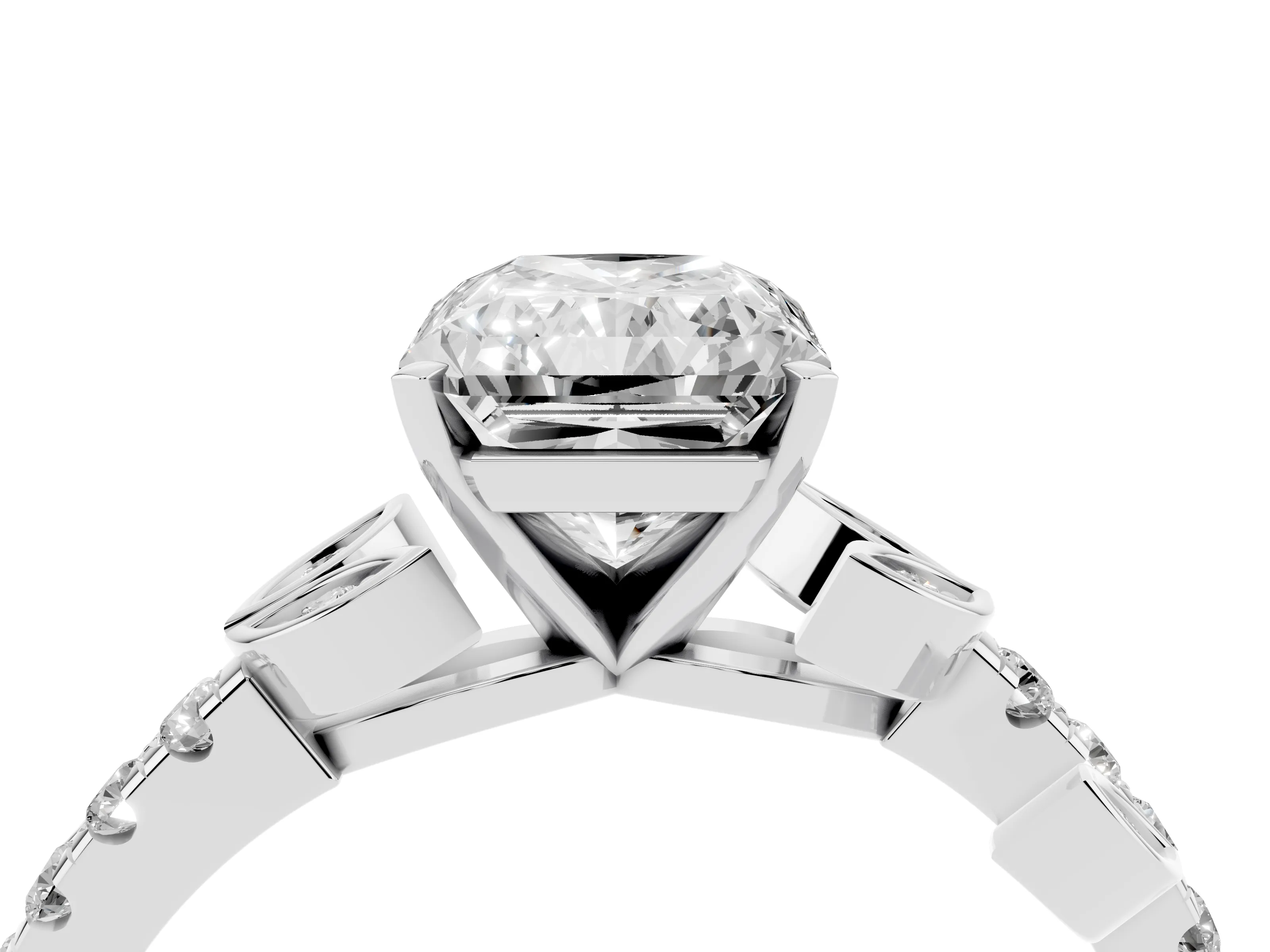 Radiant Cut Diamond Solitaire Leaf-Inspired Ring Set in Platinum with Pavé Band and Prong Setting
