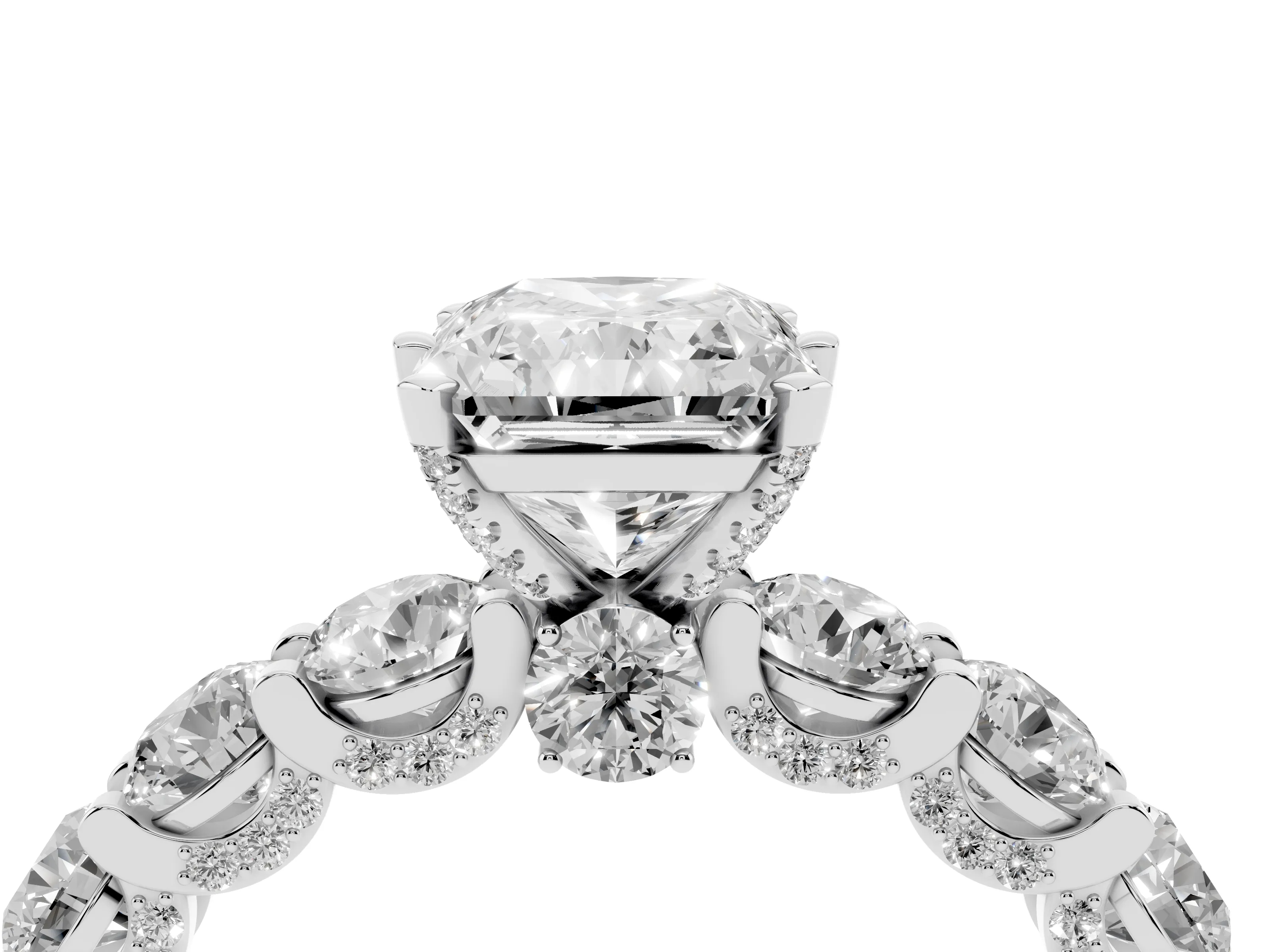 Radiant Cut Diamond Side Stone Ring Set in White gold with Alternating Round and Oval Side Stones