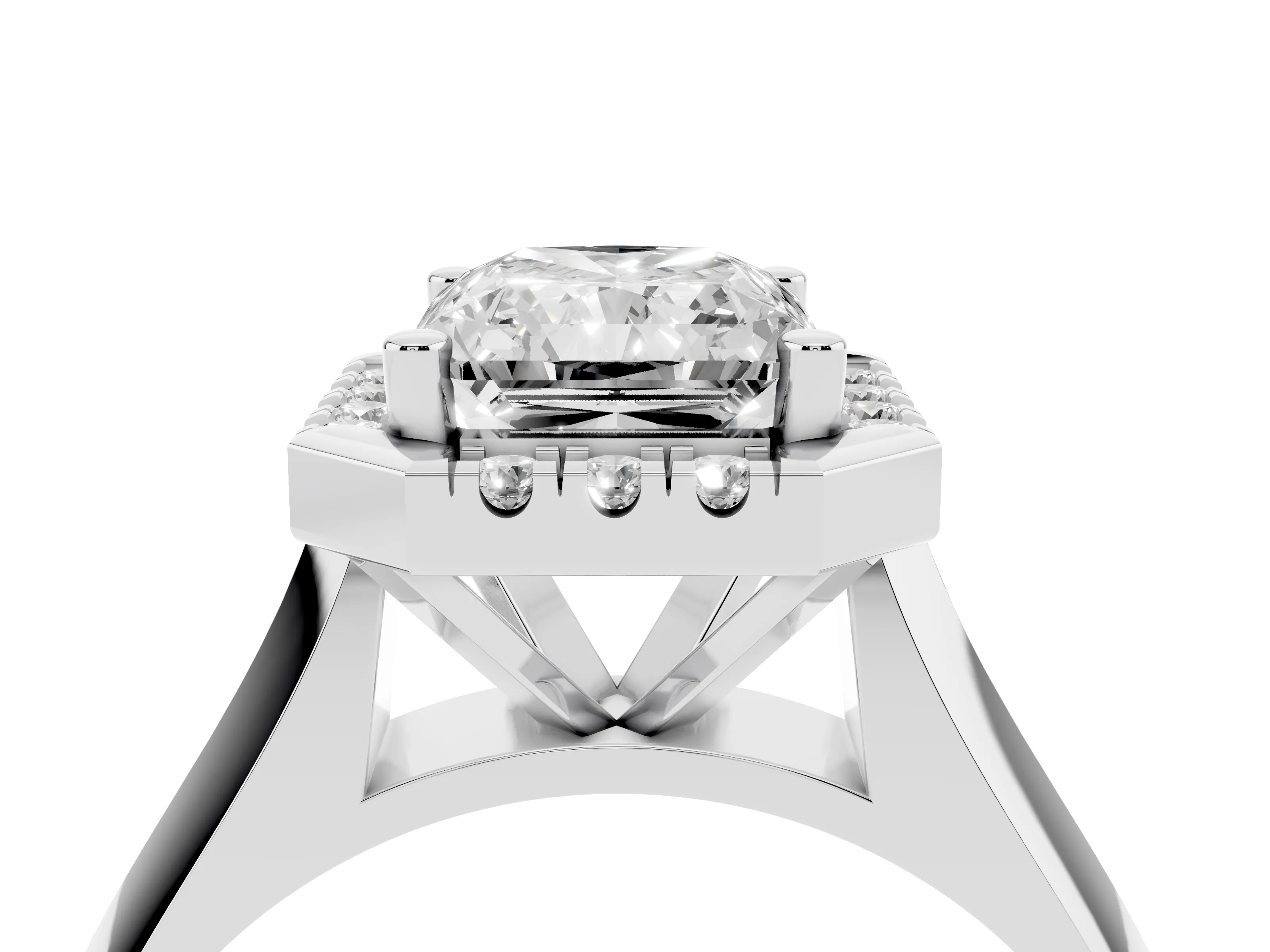 Radiant Cut Diamond Halo Solitaire Engagement Ring Set in White gold with Square Band and Prong Setting