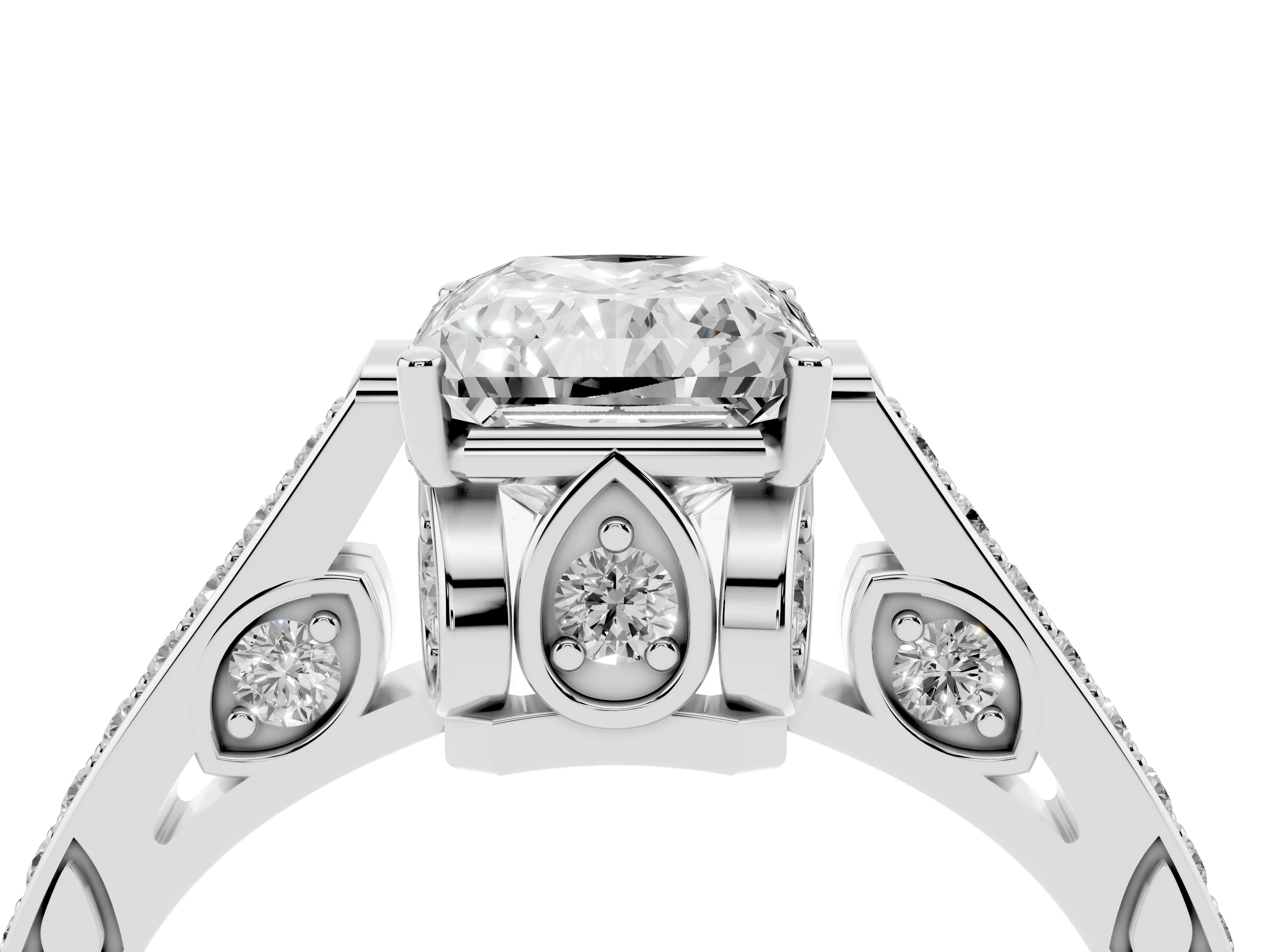 Radiant Cut Diamond Cathedral Pavé Engagement Ring Set in Platinum with Prong Setting
