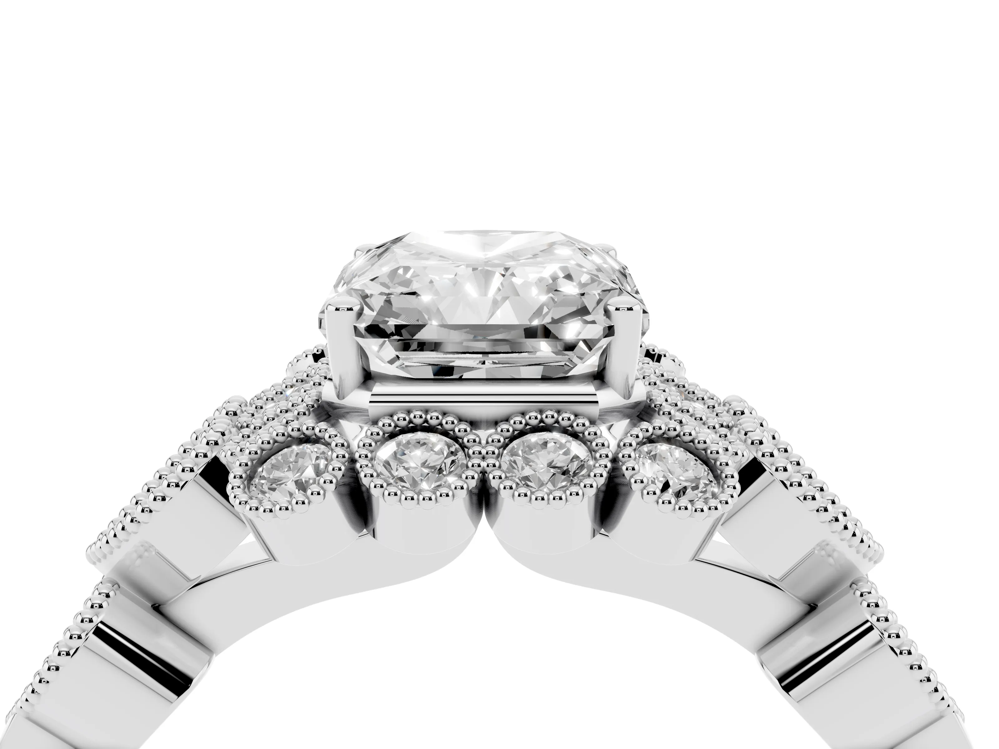 Radiant Cut Diamond Solitaire Ring Set in White gold with Milgrain Pavé Heart Band
