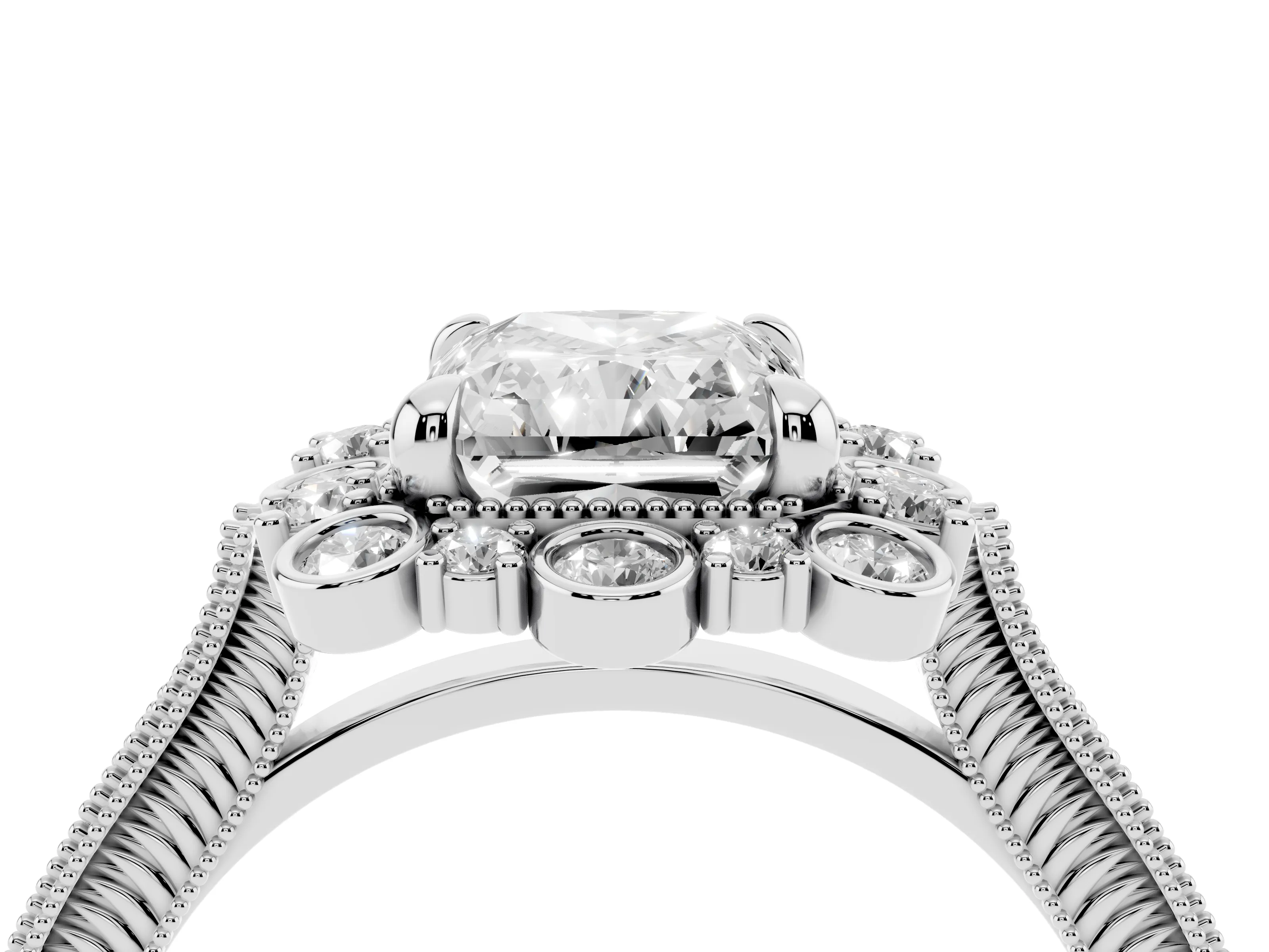 Radiant Cut Diamond Halo Milgrain Pavé Ring Set in Platinum with Prong Setting