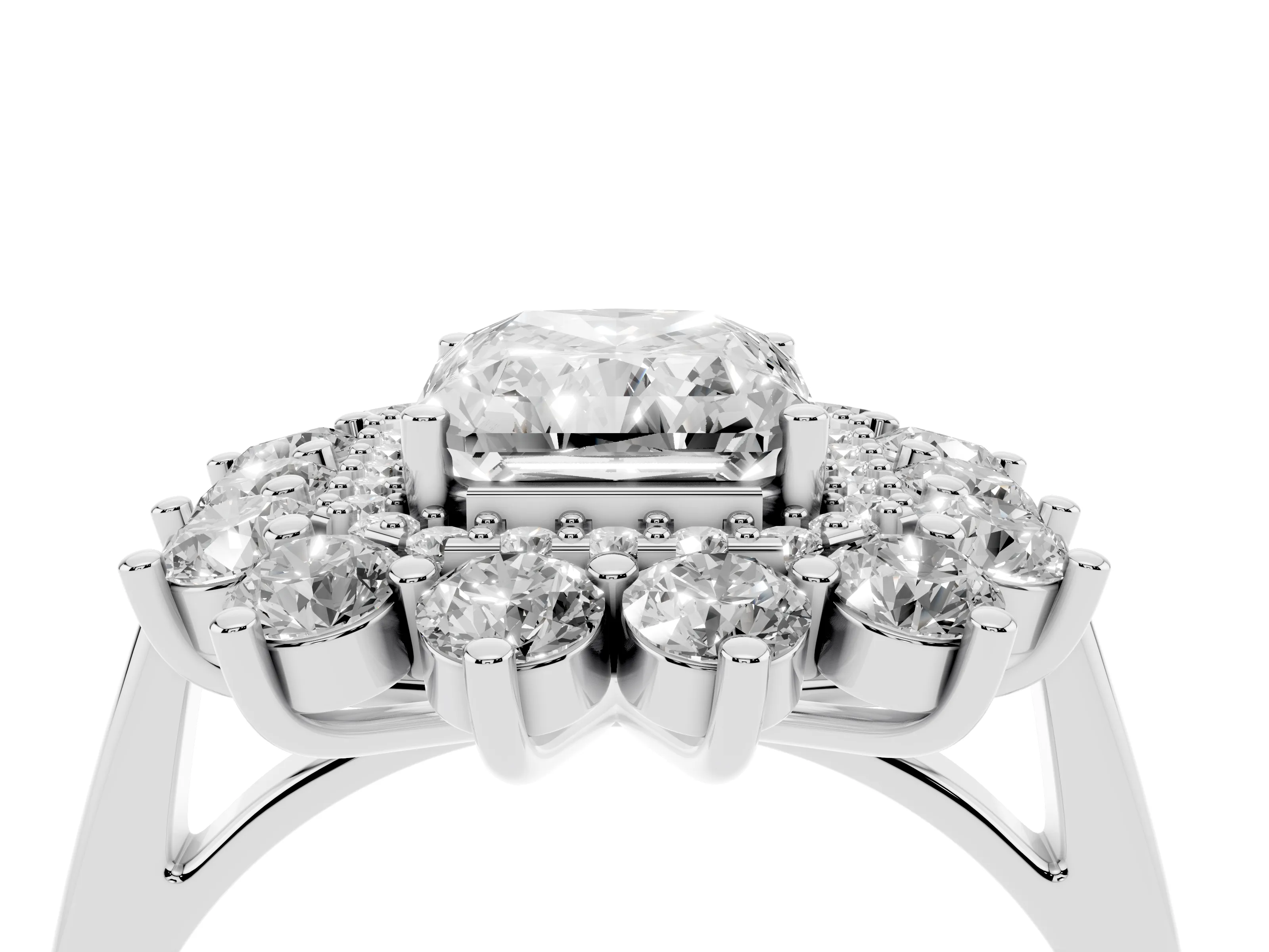 Radiant Cut Diamond Floral Double Halo Ring Set in Platinum with Round Petals