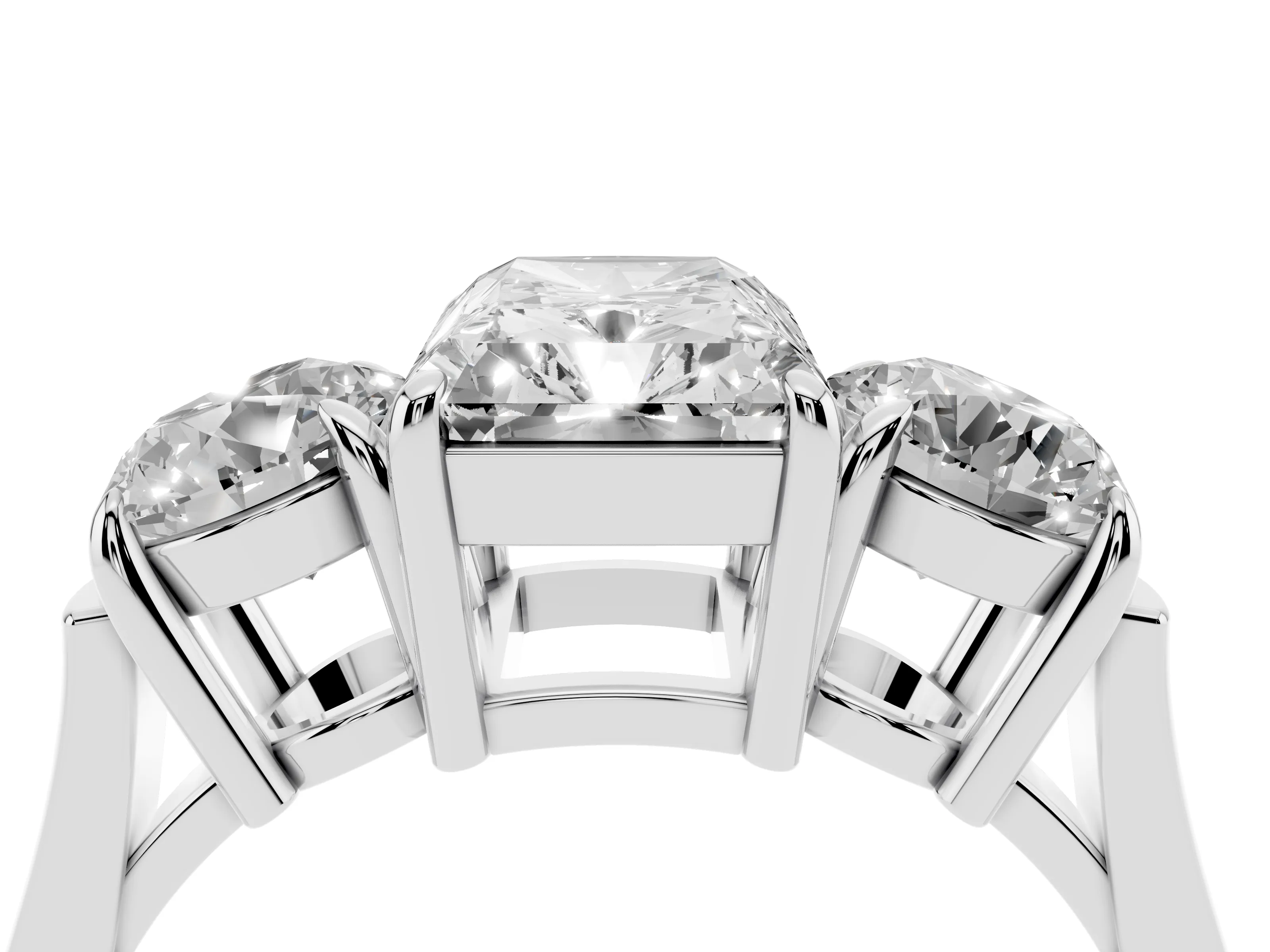 Radiant Cut Diamond Three-Stone Ring Set in White gold with Round Accent Stones and Plain Band