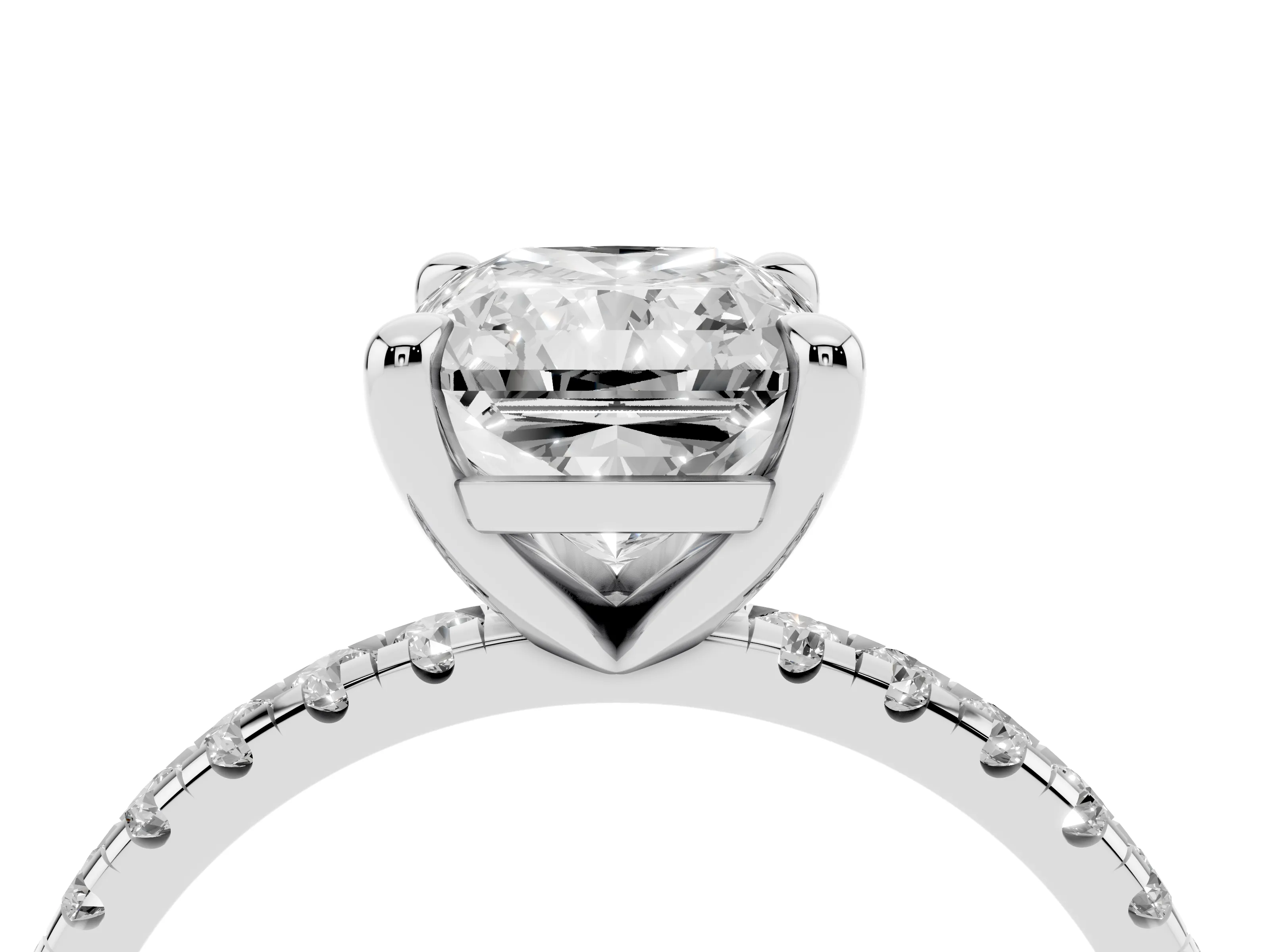 Radiant Cut Diamond Brilliant Solitaire Ring Set in White gold with Pavé Band and Prong Setting