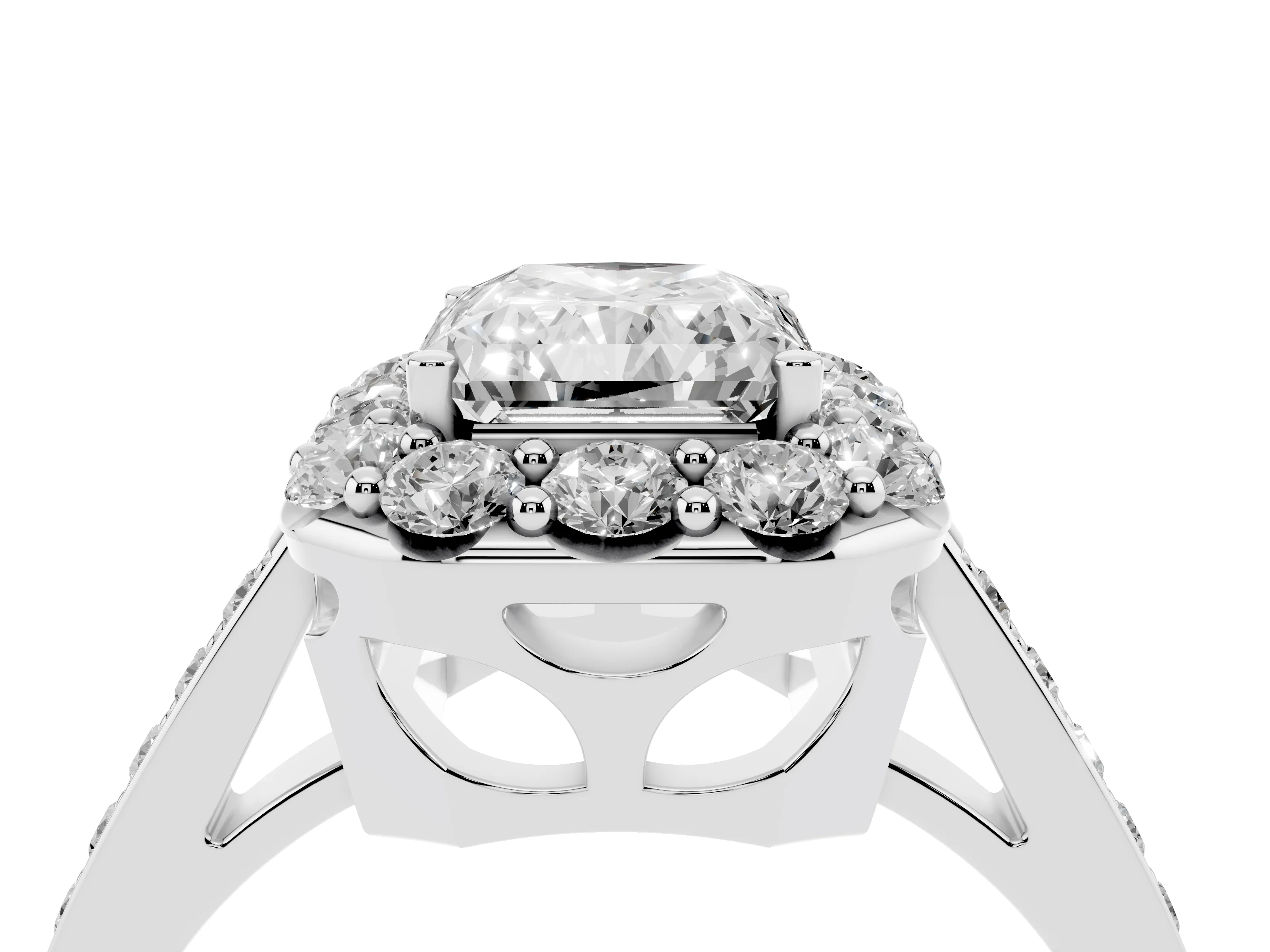 Radiant Cut Diamond Floral Halo Ring Set in Platinum with Pavé Band and Prong Setting