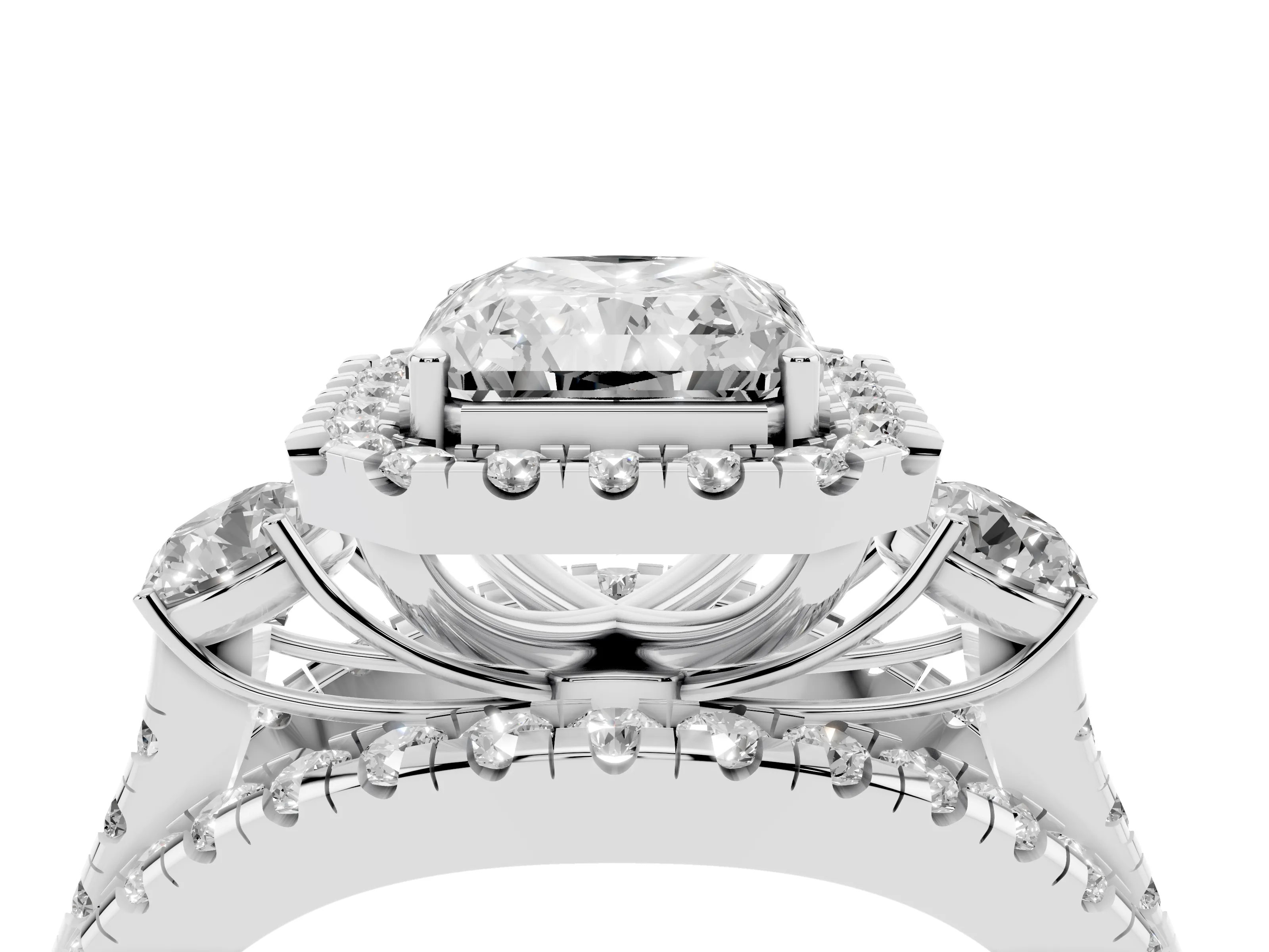 Radiant Cut Diamond Halo Split Shank Ring Set in Silver with Round Accent Stones and Prong Setting