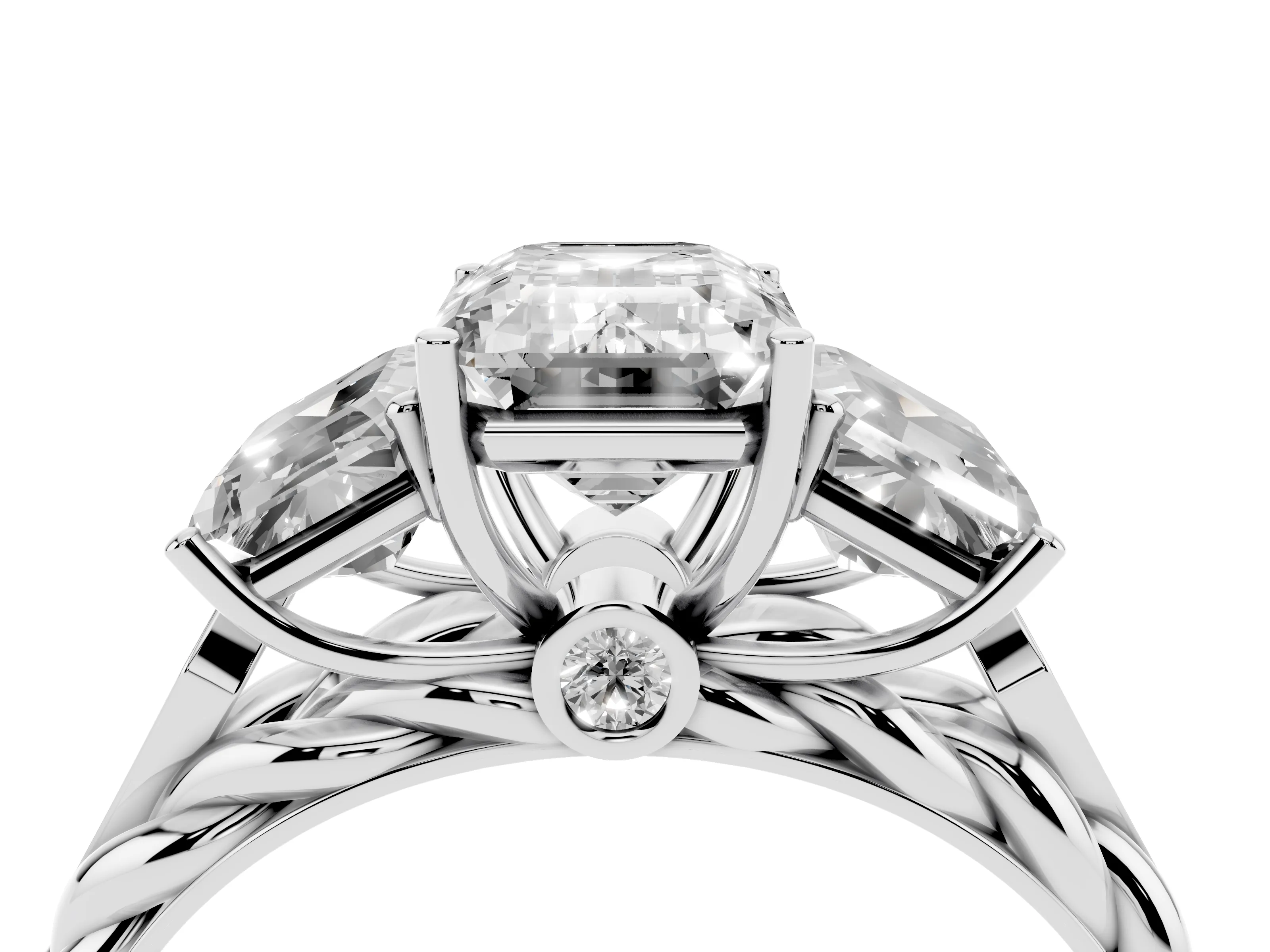 Radiant Cut Diamond Three-Stone Ring Set in Platinum with Braided Band