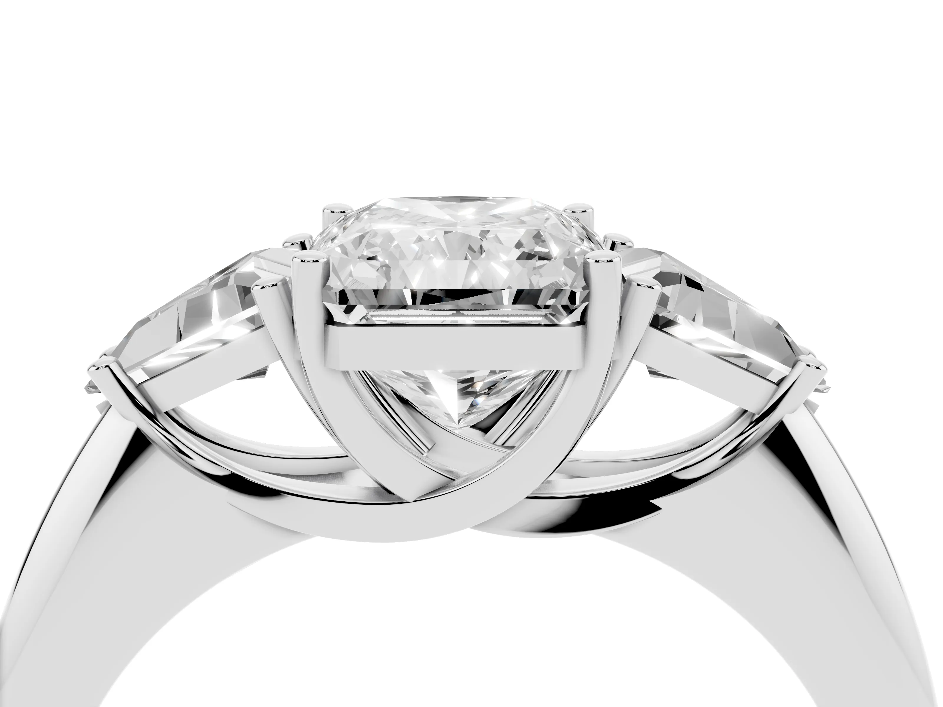 Radiant Cut Diamond Three-Stone Engagement Ring Set in Platinum with Trillion Side Stones