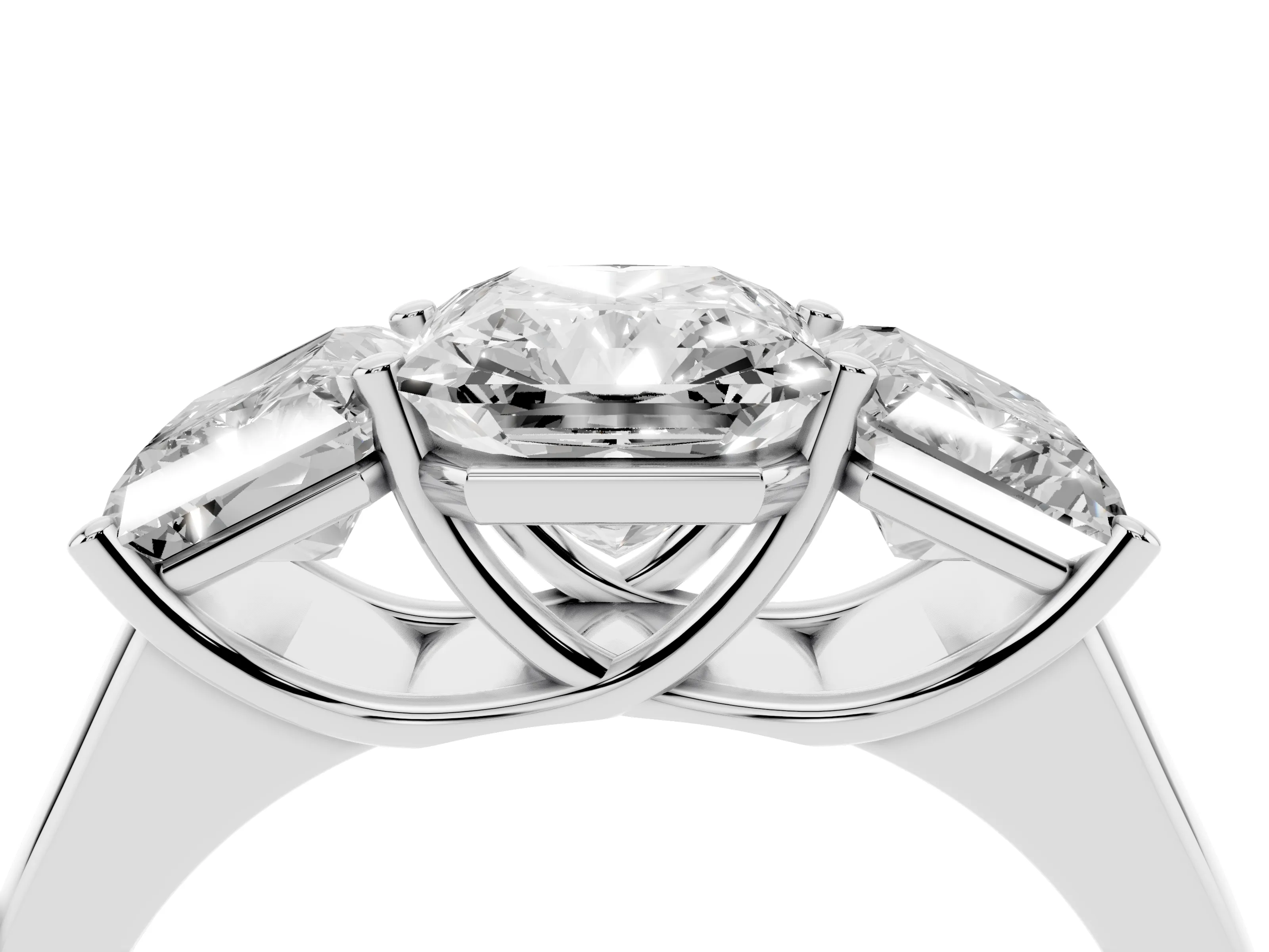Radiant Cut Diamond Three-Stone Ring Set in White gold with Plain Polished Band