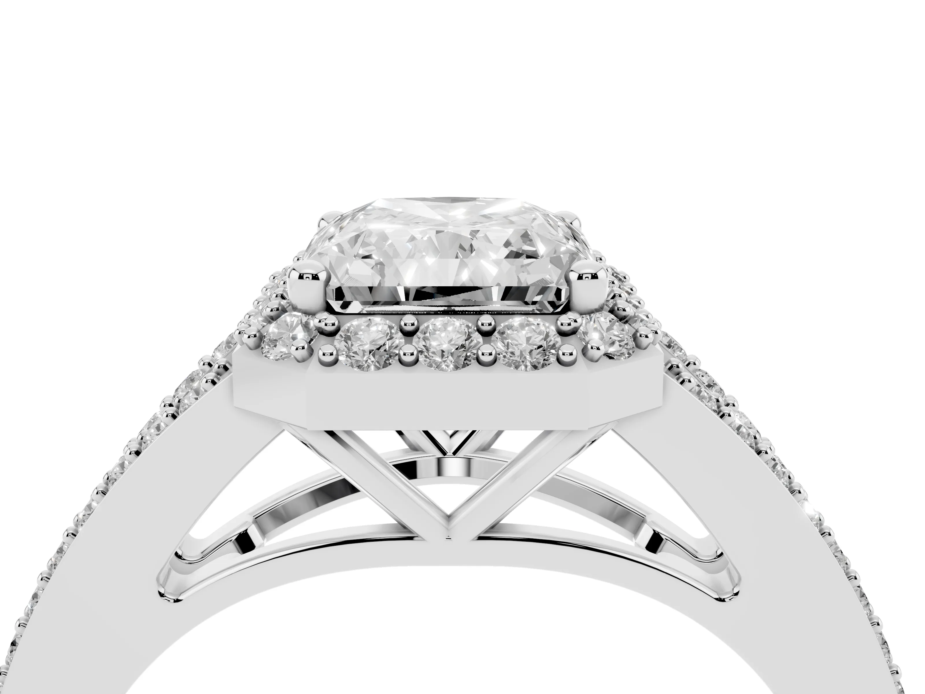 Radiant Cut Diamond Halo Split Shank Pavé Ring Set in Silver with Prong Setting