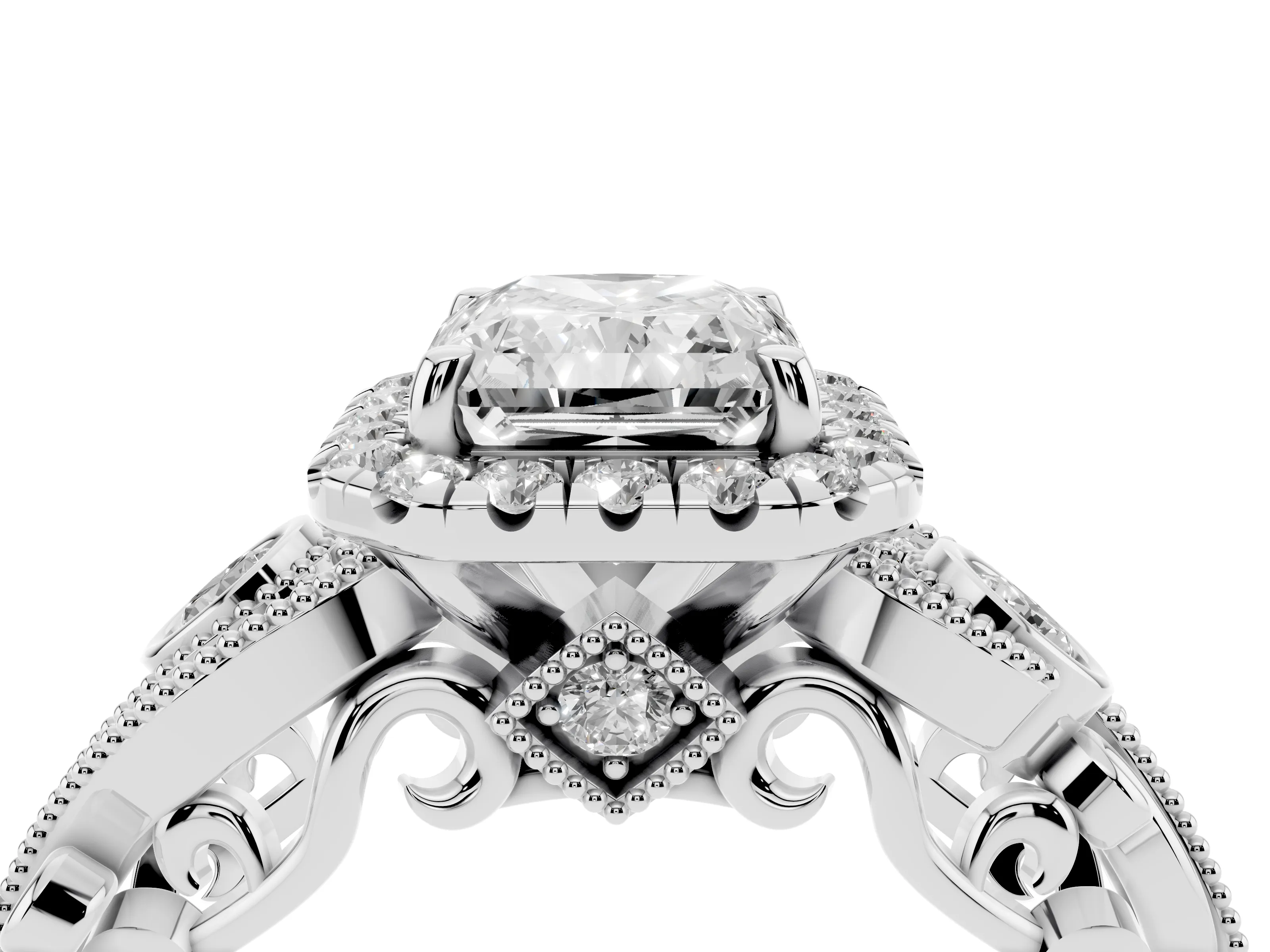 Radiant Cut Diamond Halo Ring Set in Silver with Milgrain Pavé Band and Prong Setting