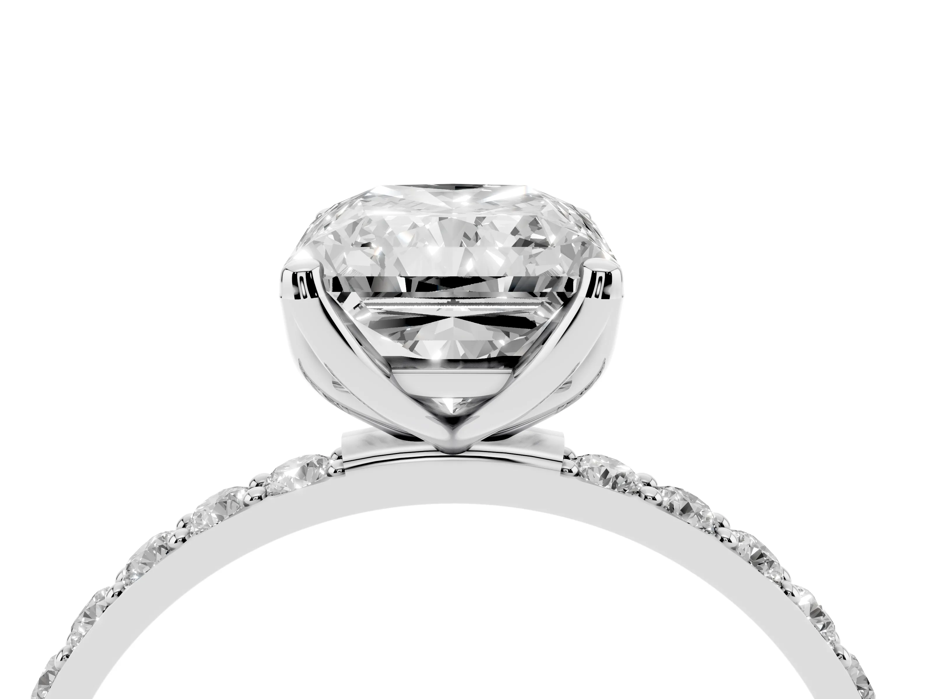 Radiant Cut Diamond Solitaire Engagement Ring Set in White gold with Round Pavé Band and Prong Setting