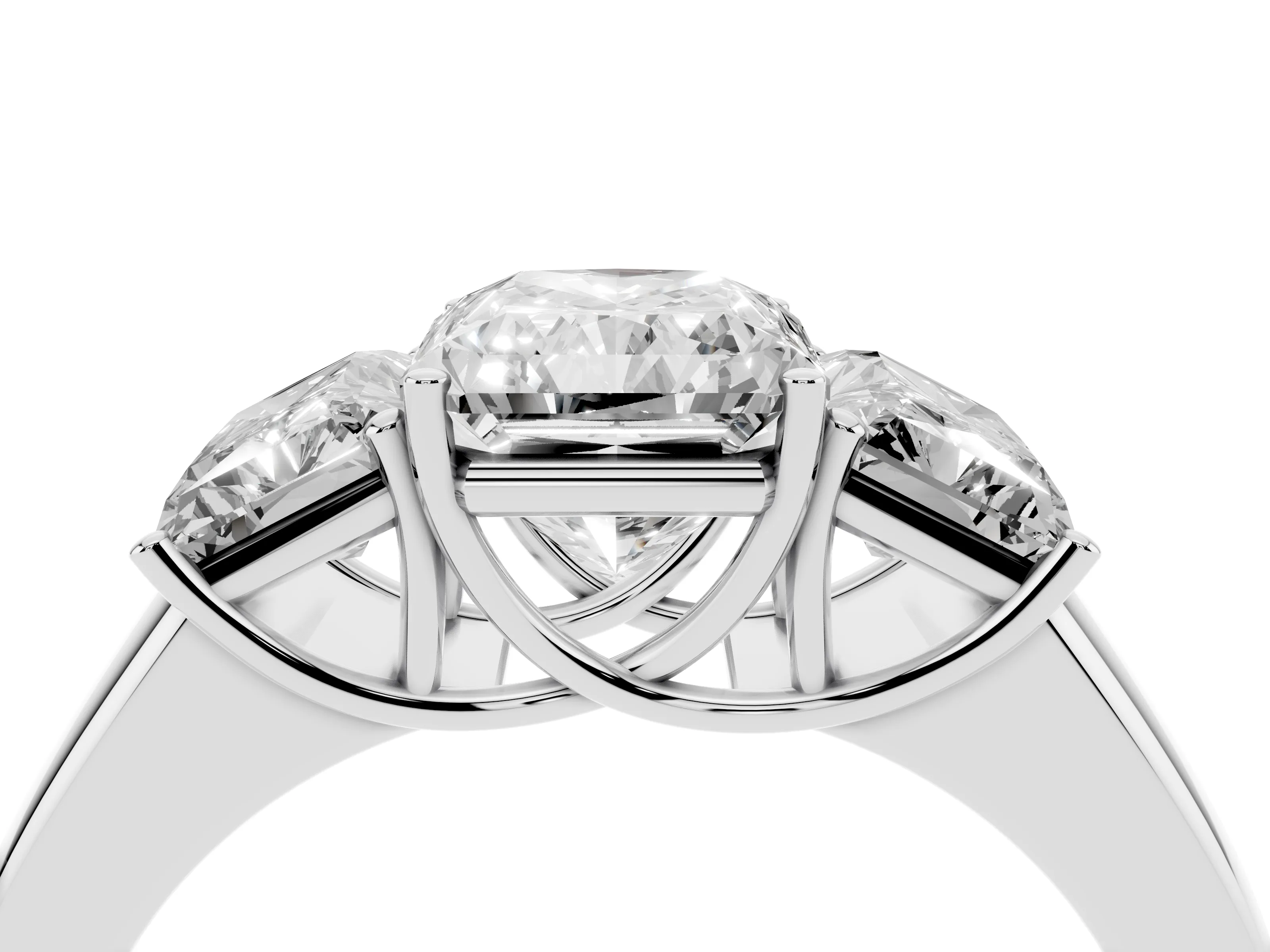 Three-Stone Radiant Cut Diamond Ring Set in White gold with Matching Prong Settings and Plain Band