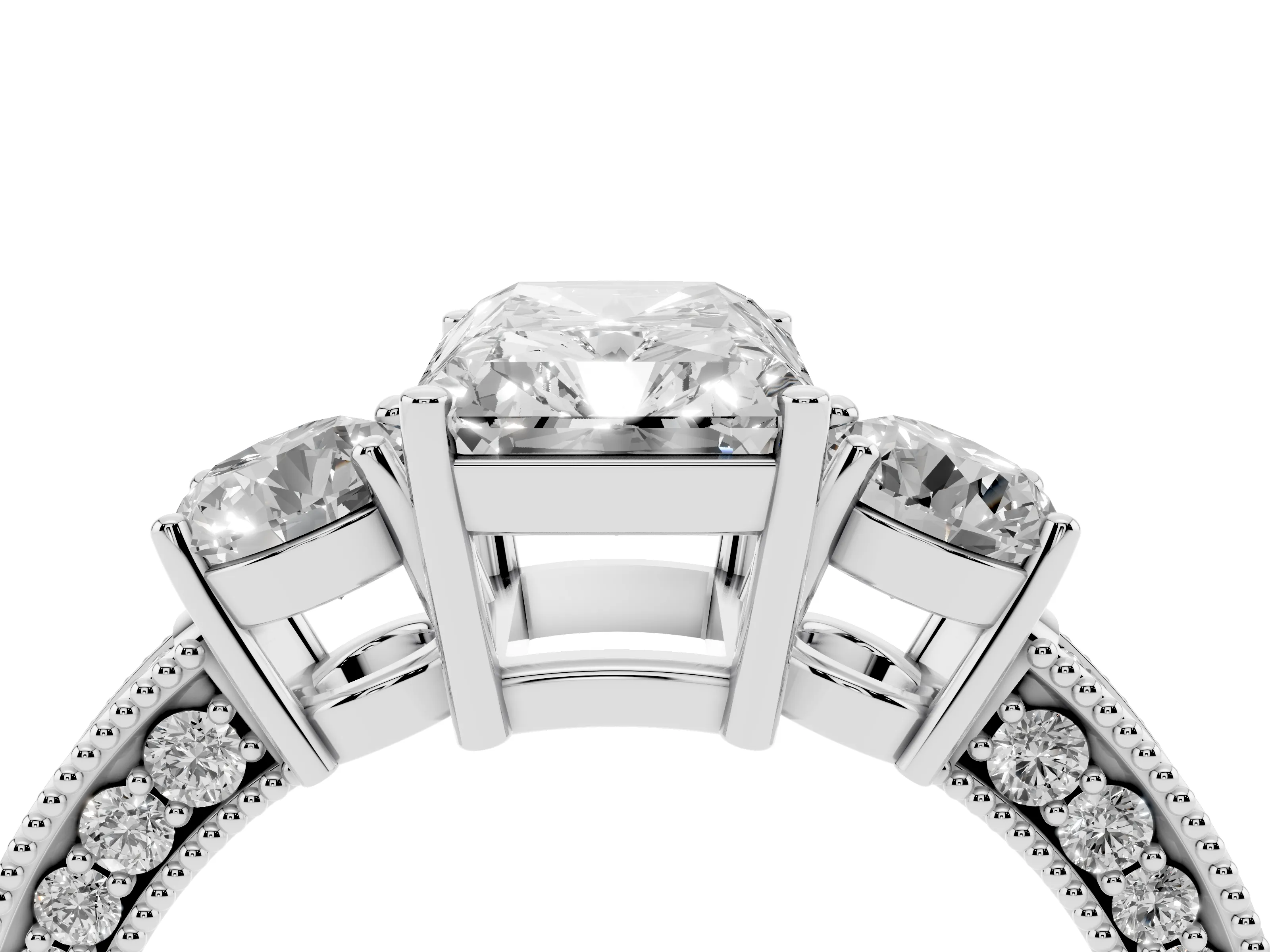 Radiant Cut Diamond Three-Stone Ring Set in White gold with Round Side Stones and Pavé Band