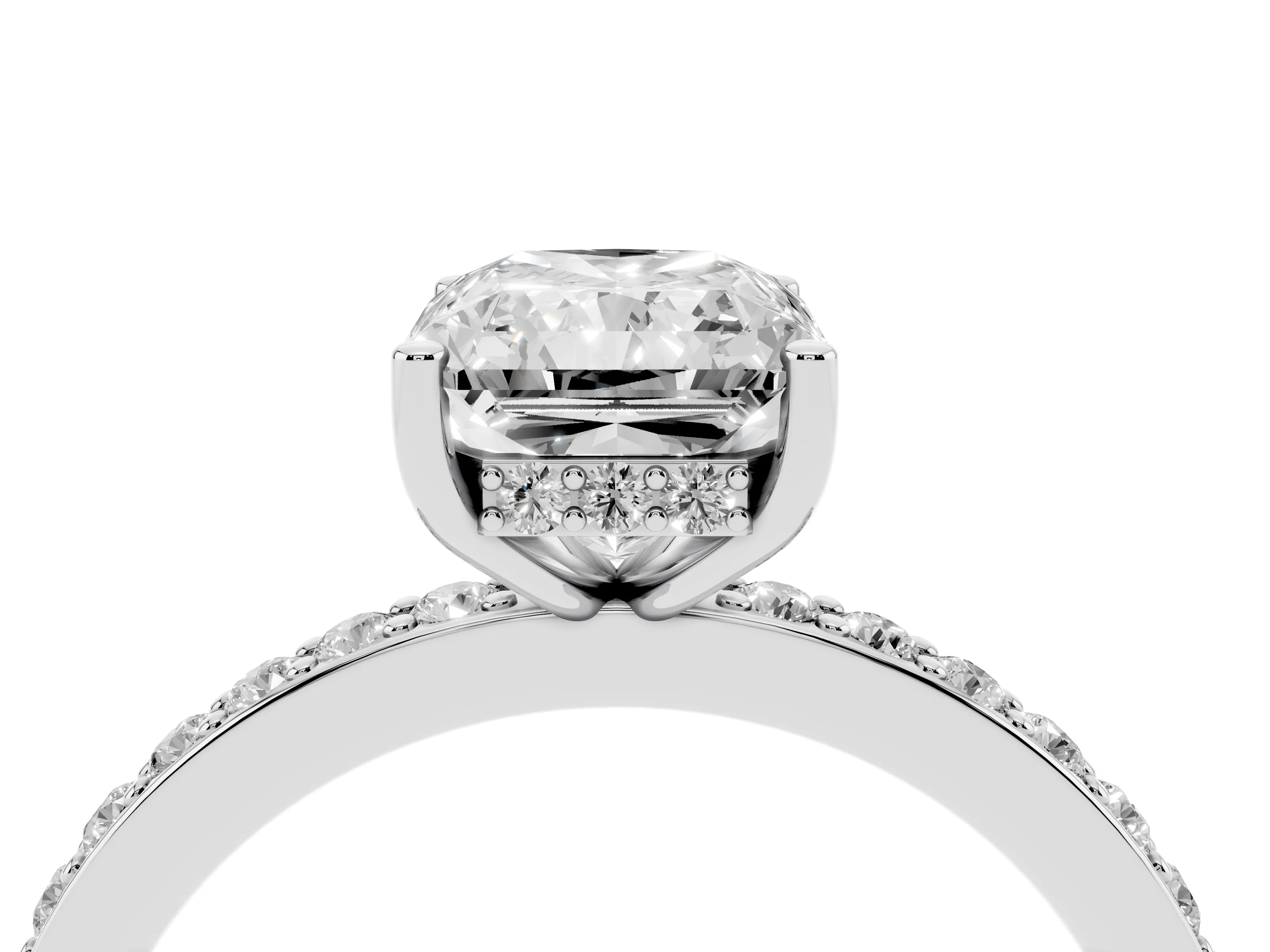 Radiant Cut Diamond Pavé Band Ring Set in Platinum with Prong-Set Center Stone