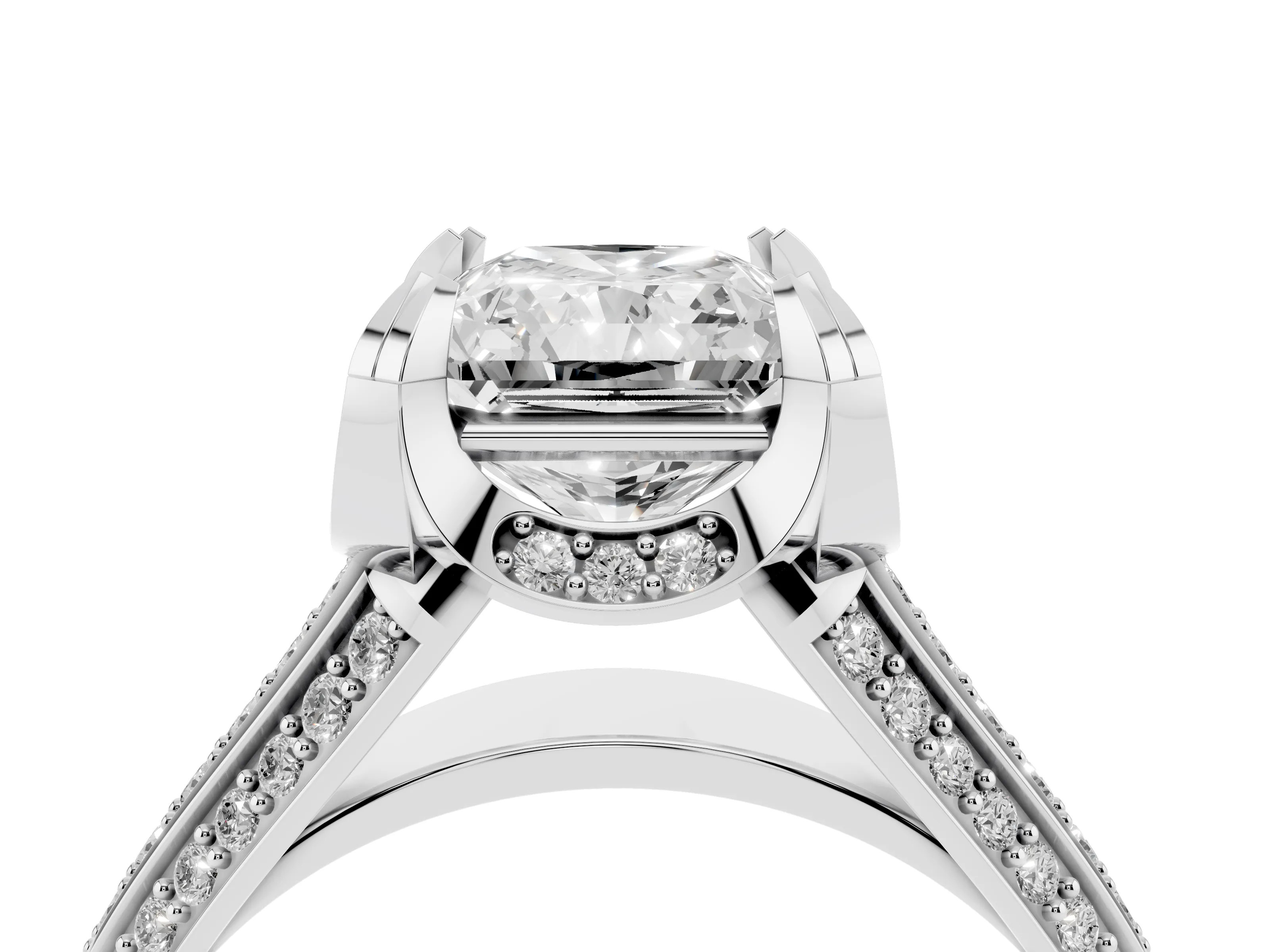 Radiant Cut Diamond Pavé Split Shank Solitaire Ring Set in Platinum with Prong Setting