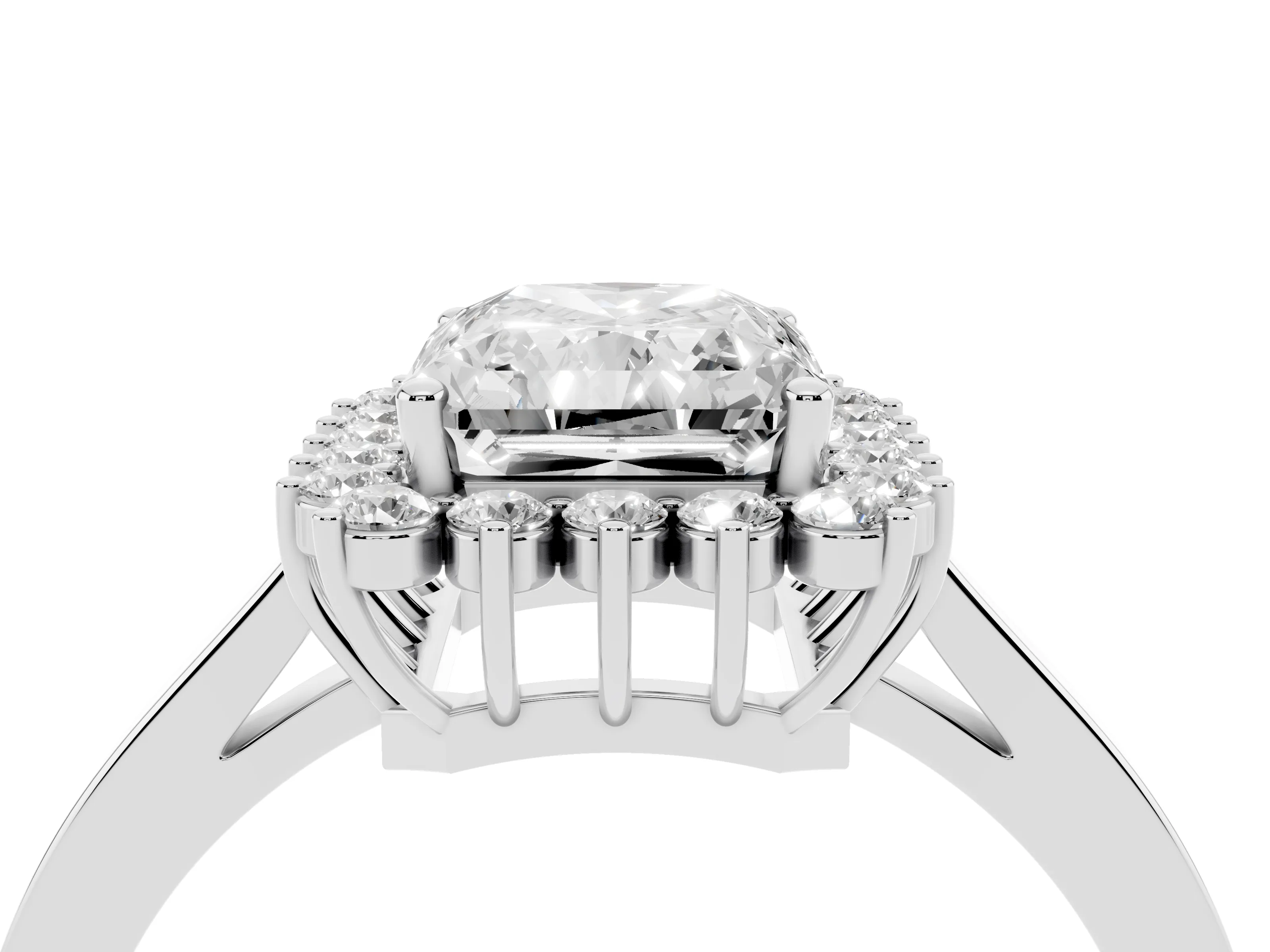Radiant Cut Diamond Halo Ring Set in White gold with Round Halo and Smooth Solitaire Band