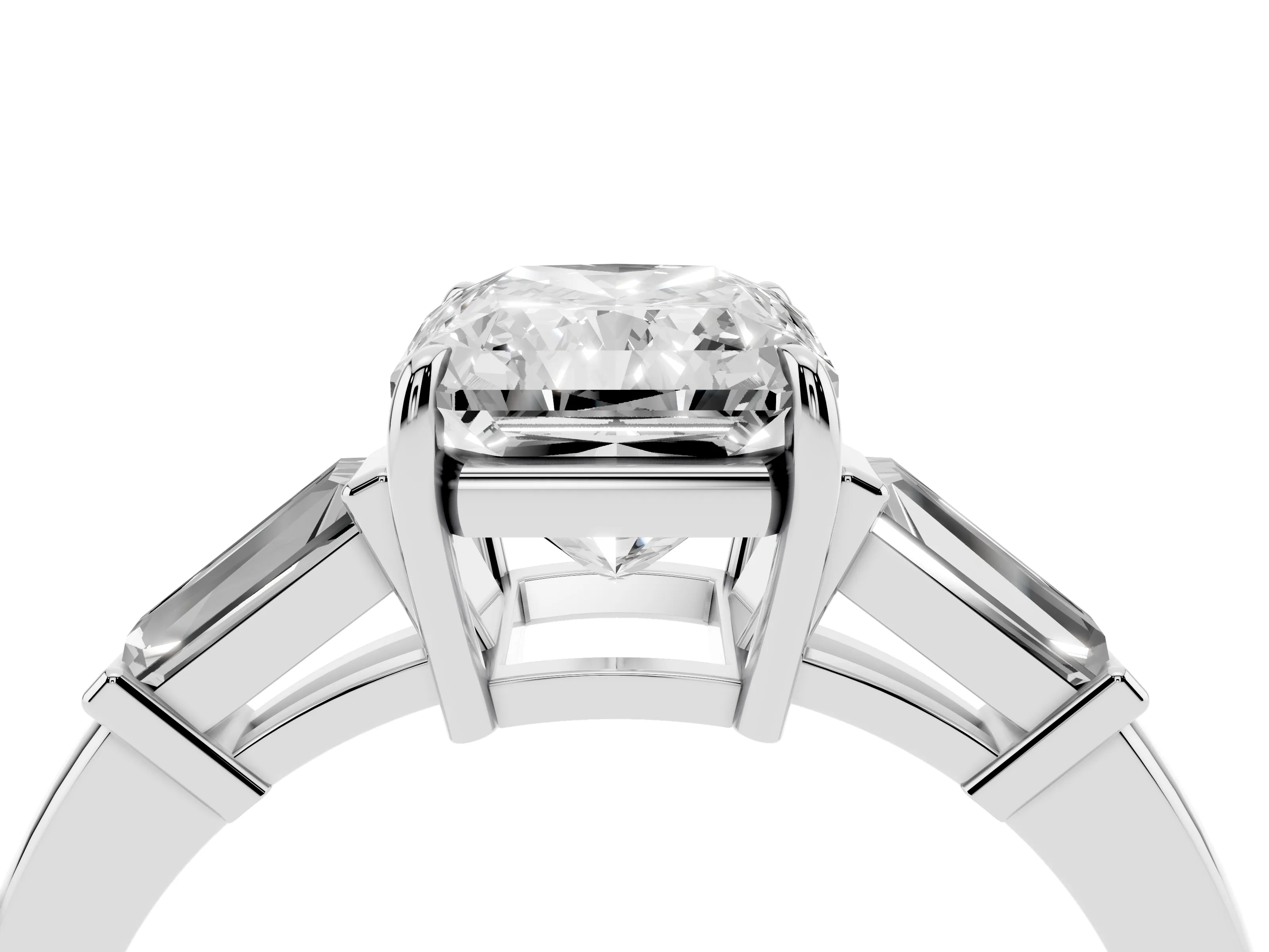 Radiant Cut Diamond Three-Stone Ring Set in White gold with Tapered Baguette Side Stones and Prong Setting