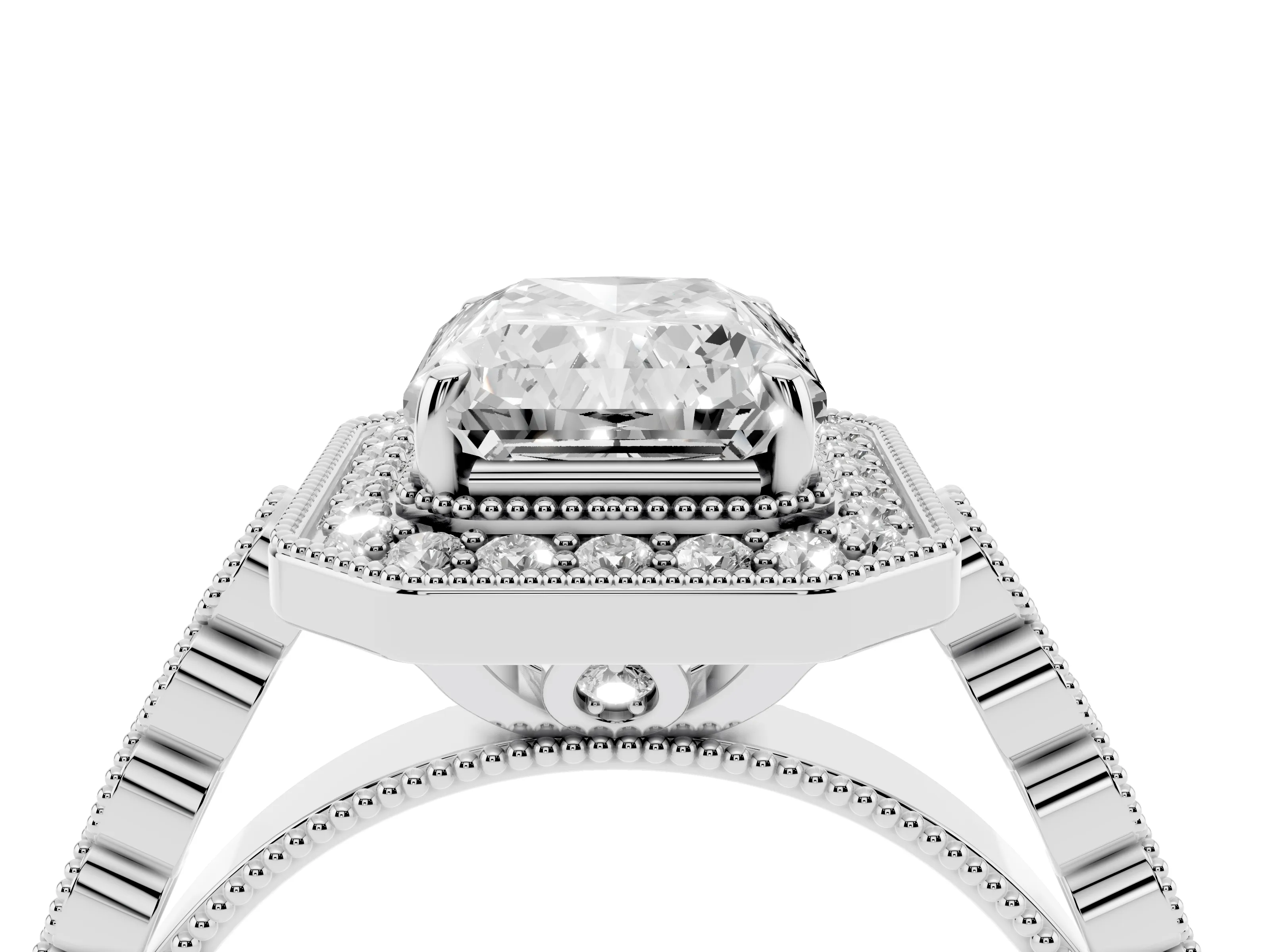Radiant Cut Diamond Milgrain Halo Solitaire Ring Set in Platinum with Bezel Set Side Stones and Pavé Band