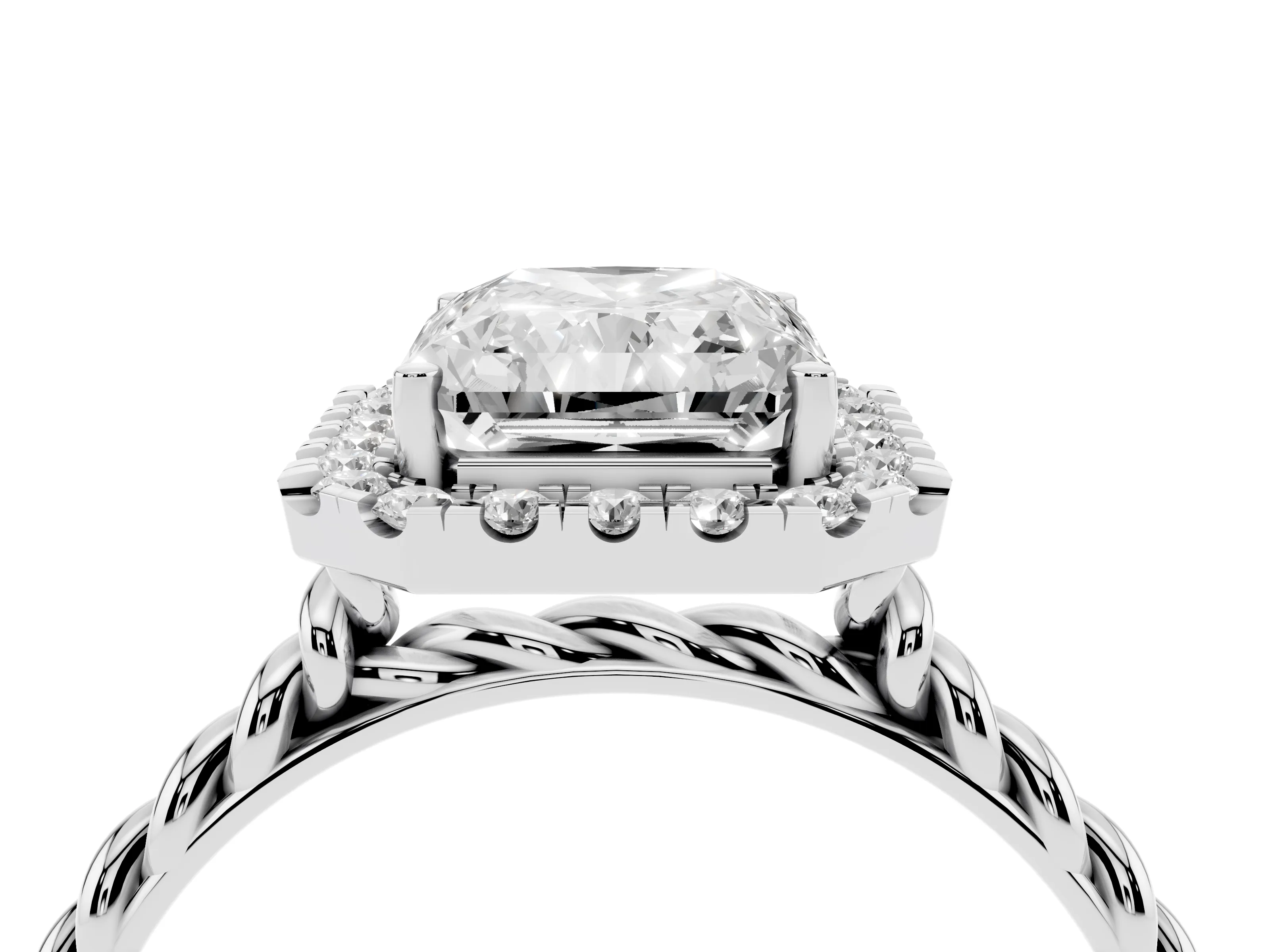 Radiant Cut Diamond Halo Ring Set in White gold with Plain Twisted Band