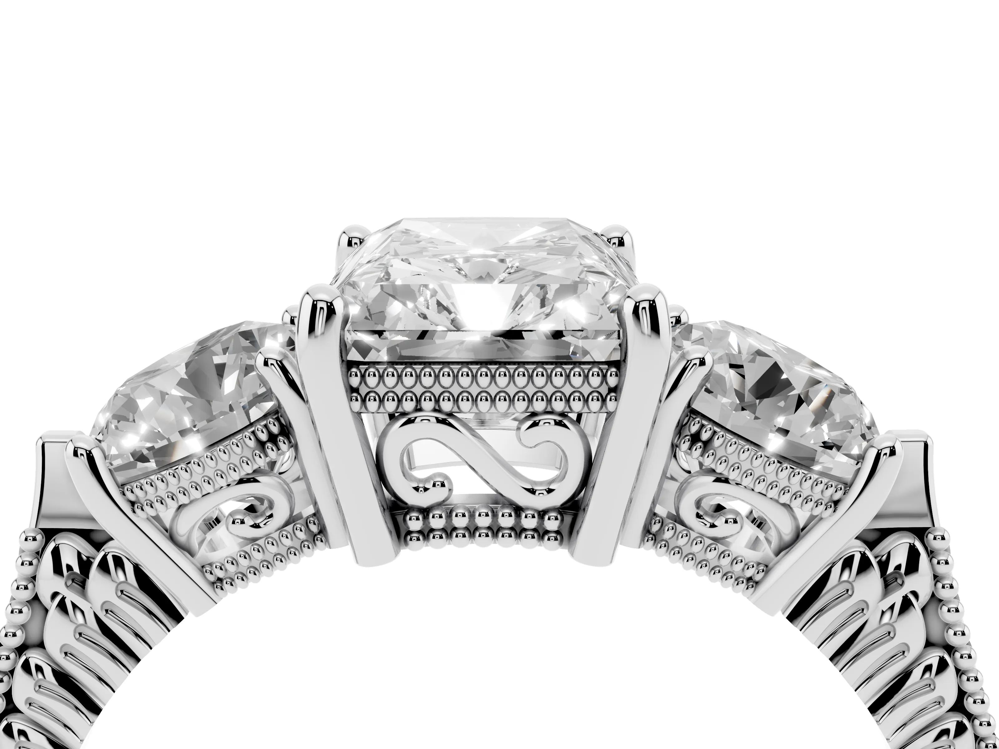 Radiant Cut Diamond Three-Stone Ring Set in Silver with Milgrain Band