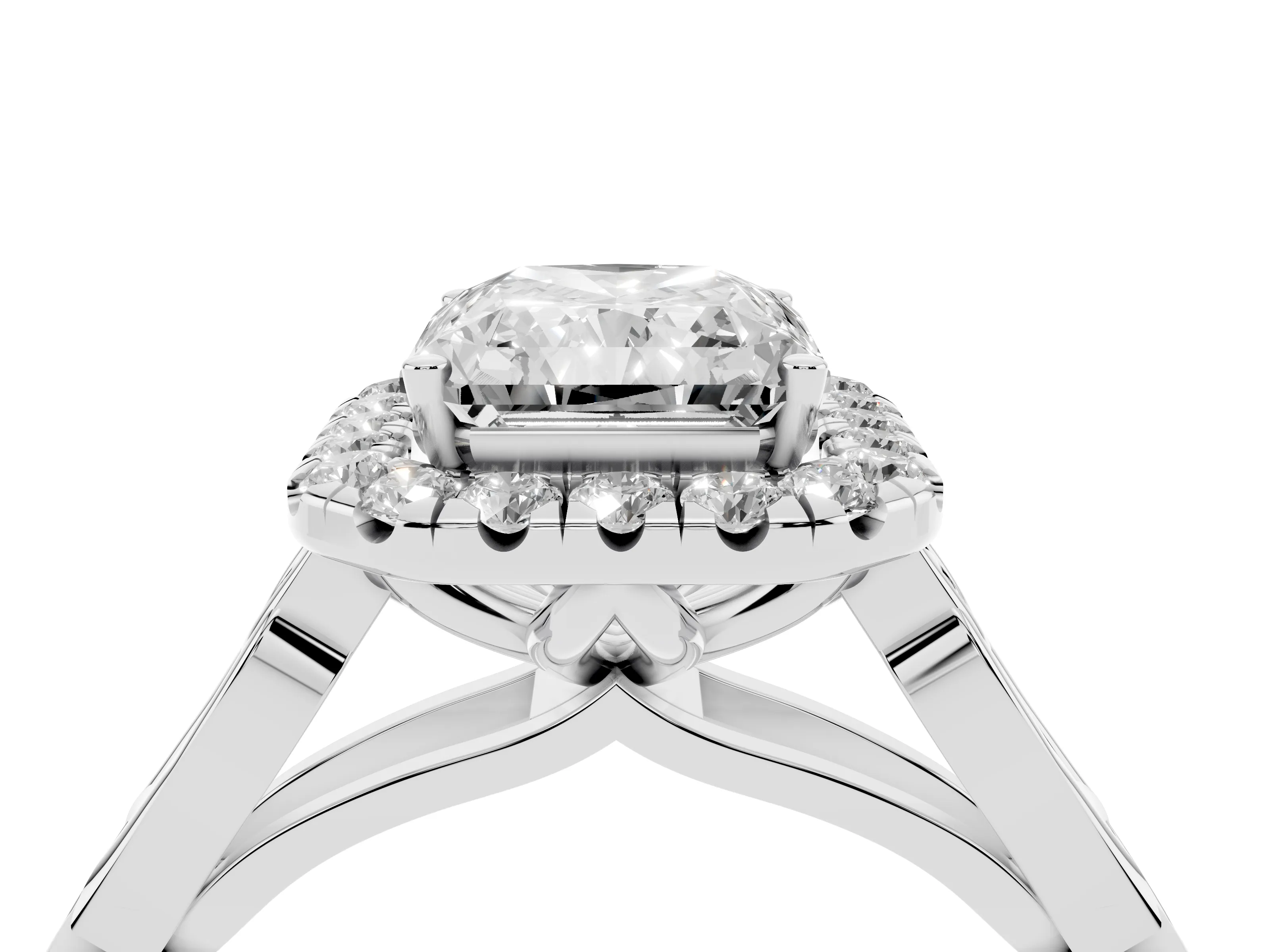 Radiant Cut Diamond Halo Engagement Ring Set in White gold with Filigree Band and Prong-Set Center