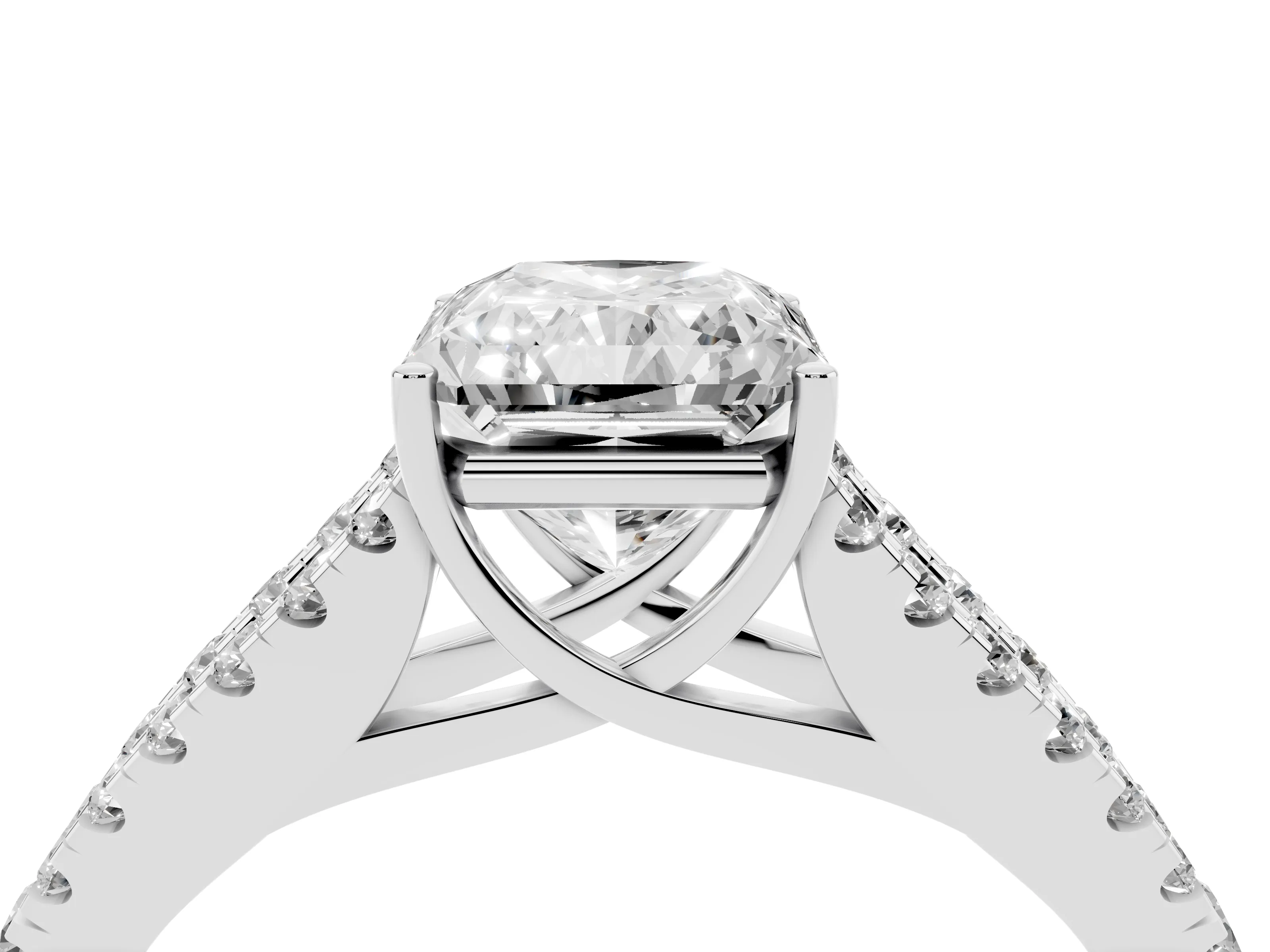 Radiant Cut Diamond Split Shank Pavé Engagement Ring Set in Platinum with Prong-Held Center Stone
