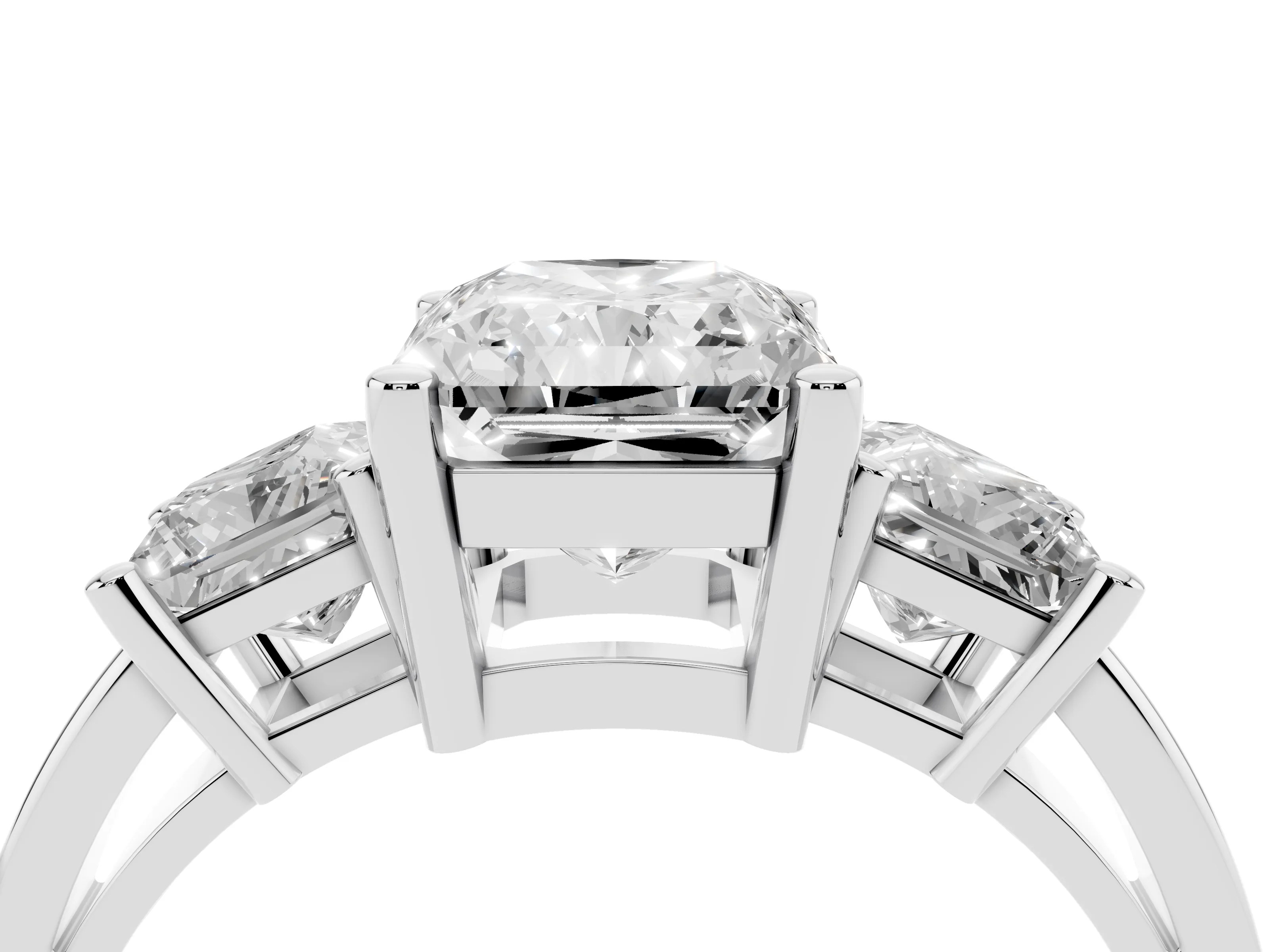 Three-Stone Radiant Cut Diamond Solitaire Ring Set in Platinum with Prong Setting
