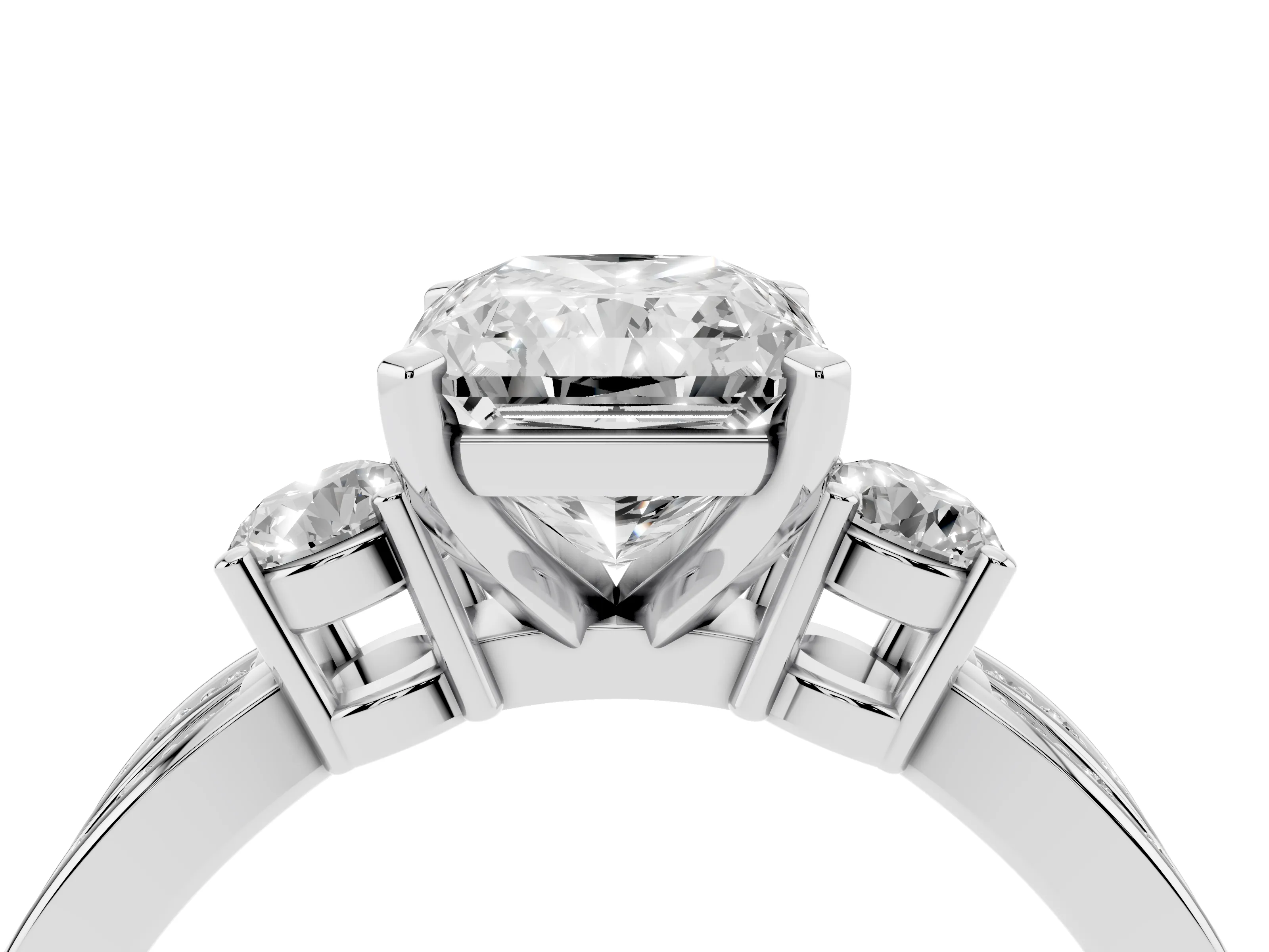 Three-Stone Radiant Cut Diamond Twist Band Ring Set in Silver with Pavé Accents and Prong Setting