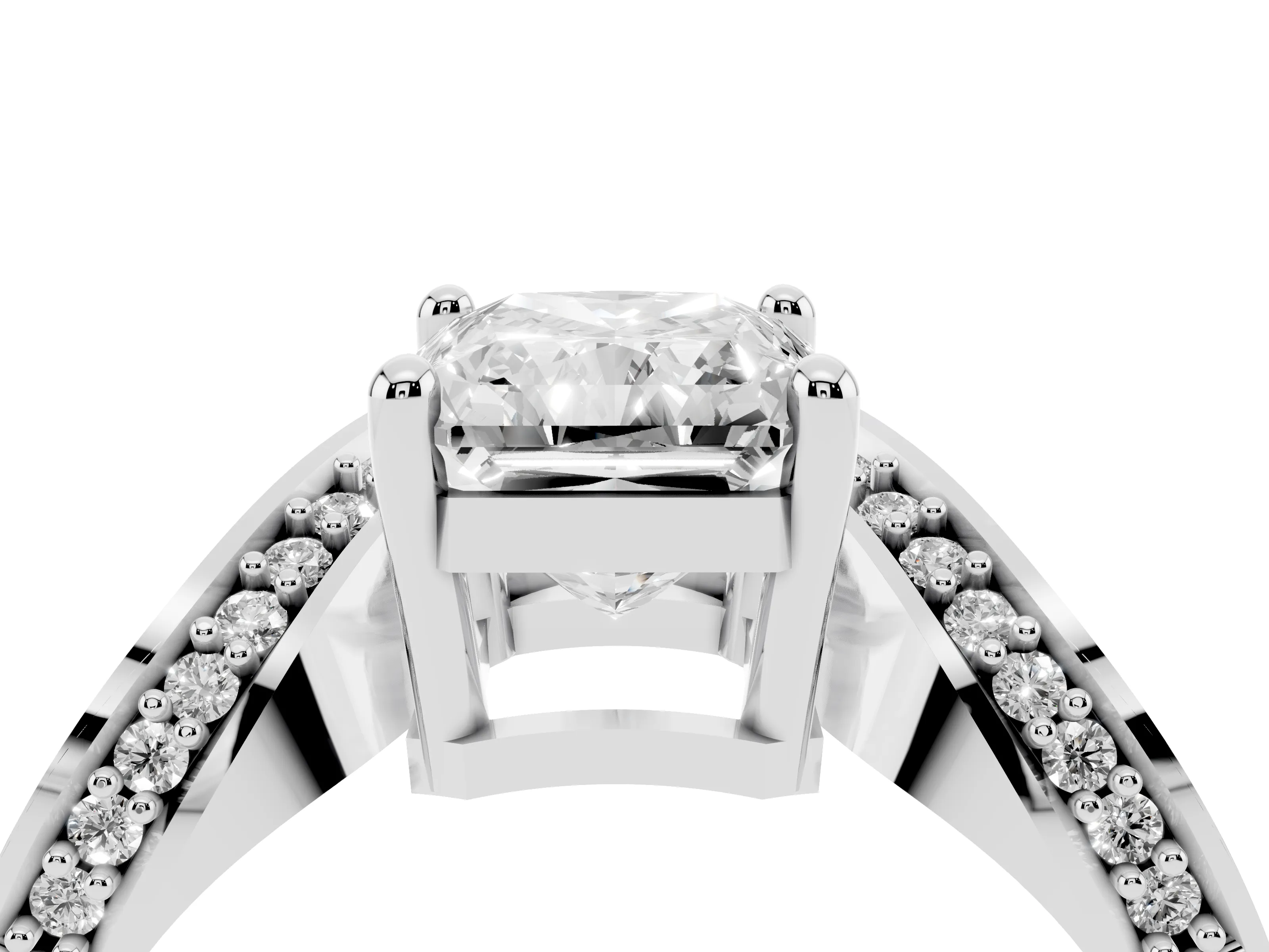 Radiant Cut Diamond Solitaire Engagement Ring Set in Silver with Pavé Shoulders