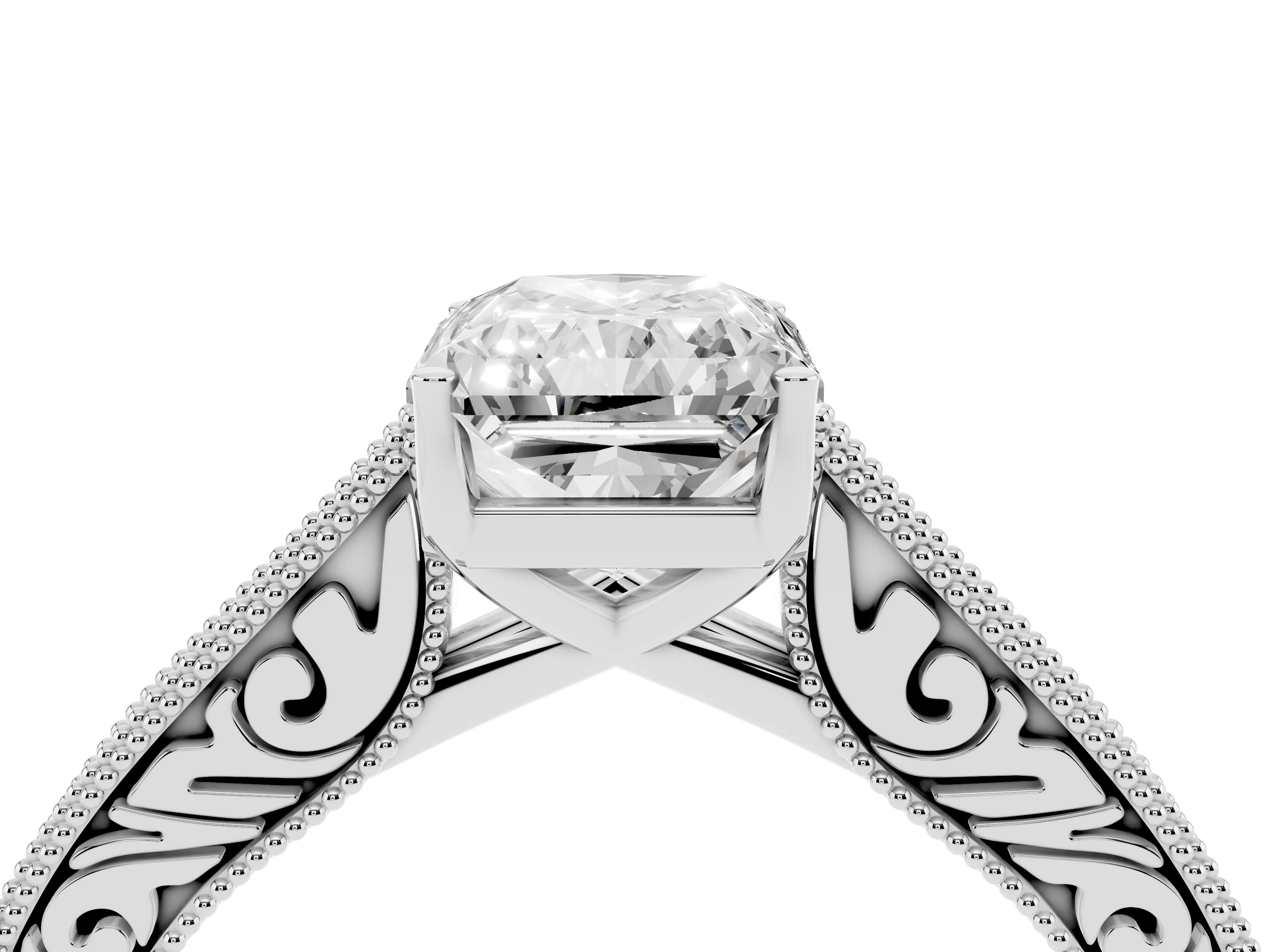 Radiant Cut Diamond Milgrain Pavé Band Solitaire Ring Set in Platinum with Prong Setting